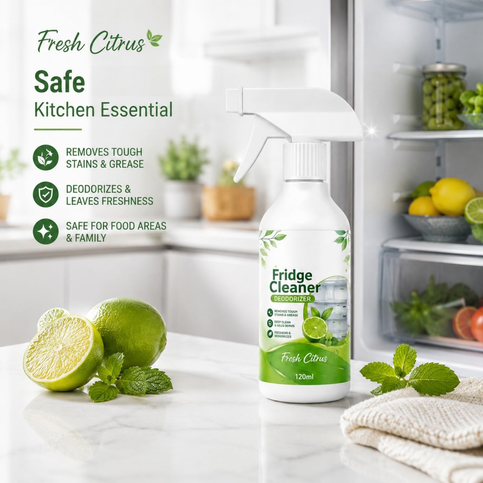 Spray per la pulizia profonda del frigorifero, deodorante per frigorifero per odori, macchie, grasso, fuoriuscite, scaffali interni, cassetti, guarnizioni per porte, soluzione per (6pcs)