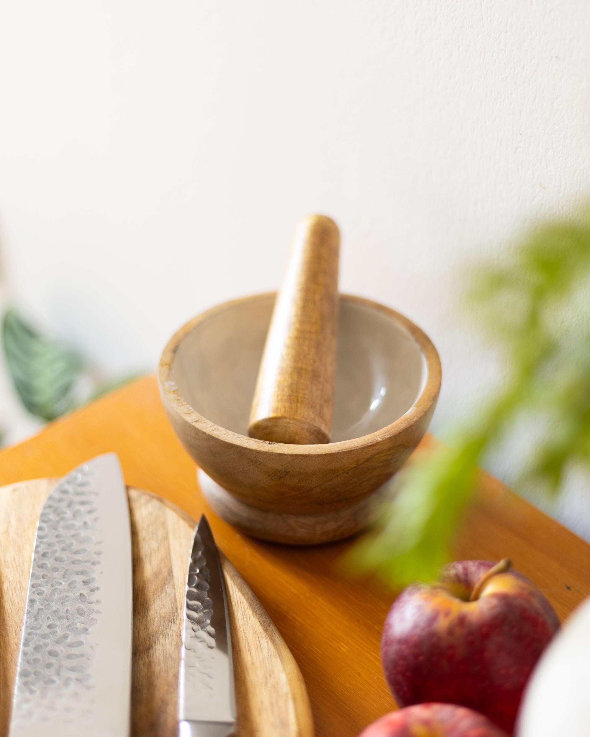 Mortier et Pilon en Bois de Manguier Fait Main Accessoire Cuisine Marron et Blanc Qena
