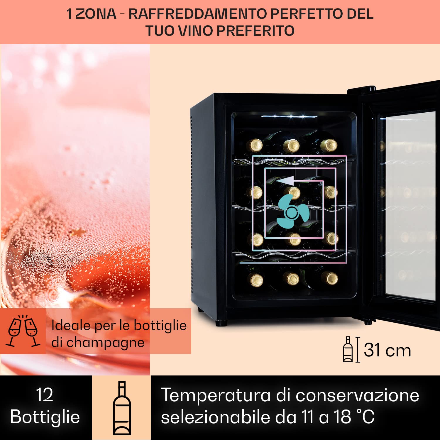 KLARSTEIN Cantinetta Vino, Cantinetta Vino Refrigerata a Zona Singola per Interno/Esterni, Frigo Bar, Cantina Vino con Vetrina, Mini Bar con Protezione UV, Frigo Vino Touch 15-18°C 12 Bottiglie