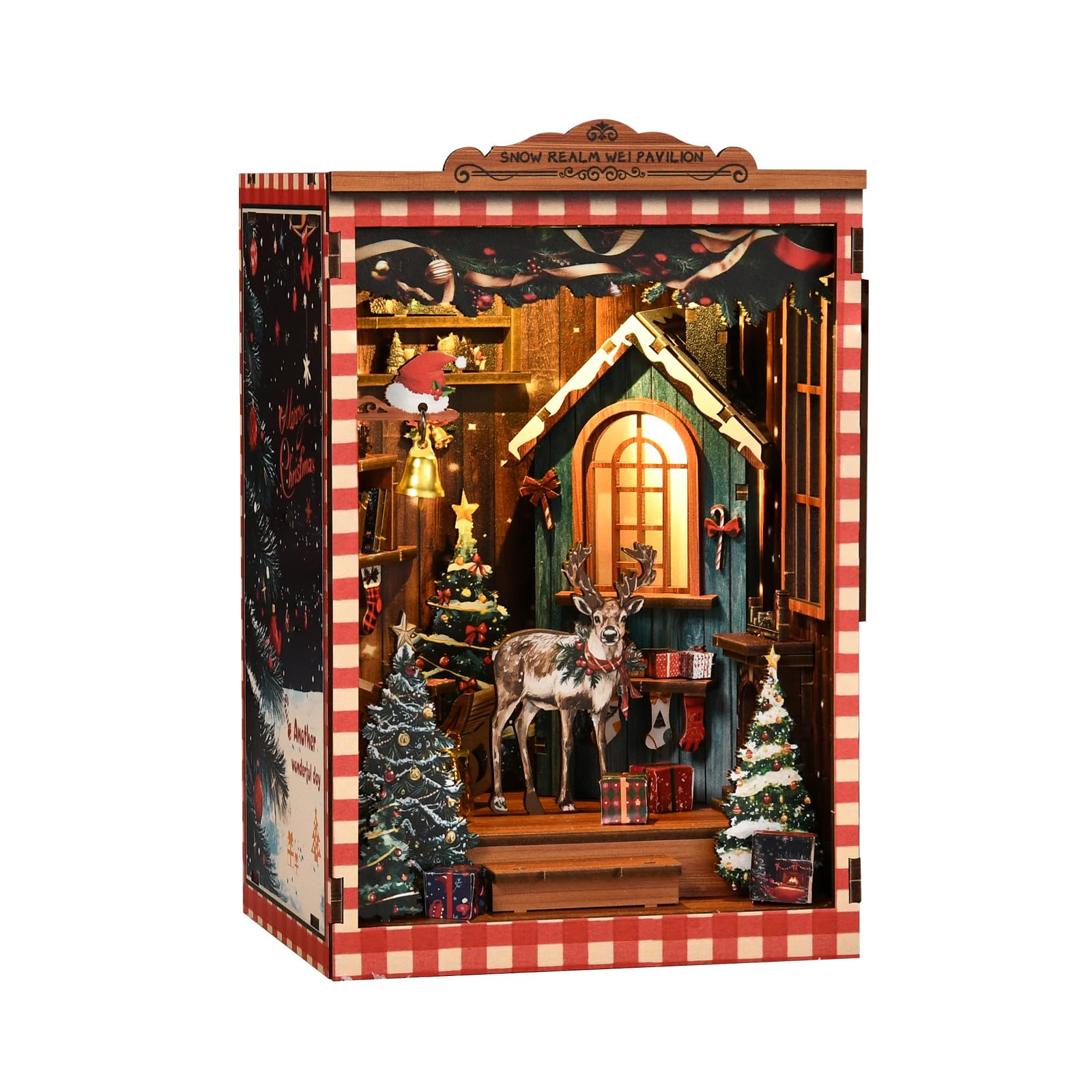 DIY book nook - Snow Kingdom White Pavilion Bookend Made of Wood and 3D Puzzle with LED Light, craft kit for adults, book nook kit