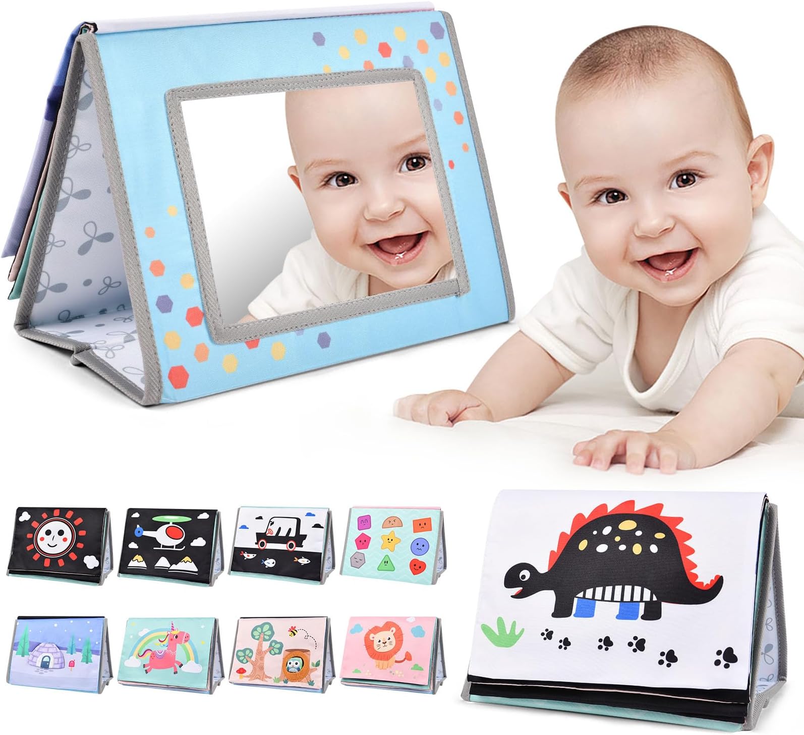 Tummy Time Mirror for Babies, High Contrast Newborn Sensory Toy with Crinkle Cloth Book, Early Education Montessori Infant Toys for 0 3 6 9 Months Baby Boys Girls Shower Gifts