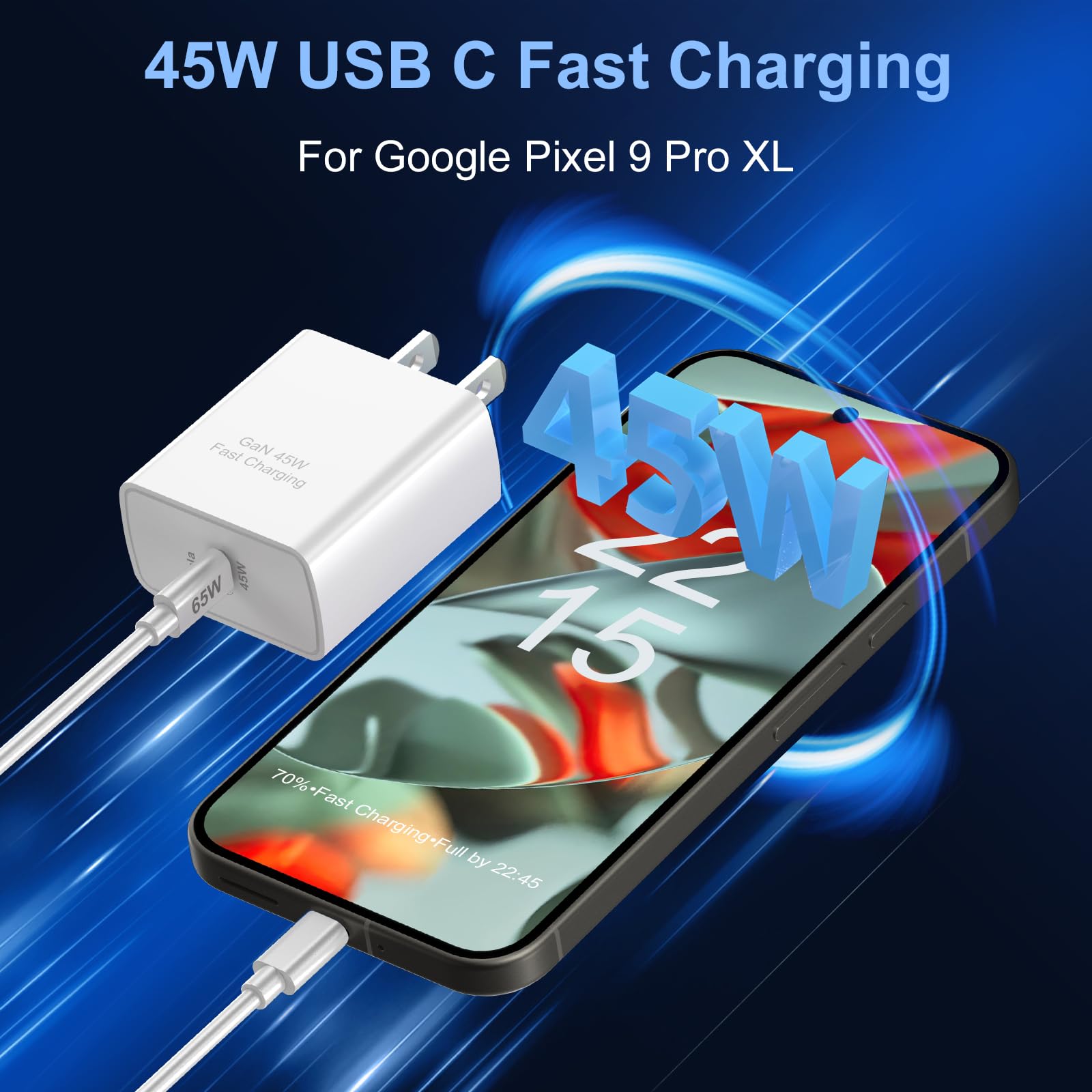 45W USB C Fast GaN Charger for Google Pixel 10 Pro Fold/9 Pro XL/8 Pro/8/8a/7 Pro/7a/6/5/4 XL, Aymla 45 Watt Type C Adapter PD 3.0/PPS Wall Plug Charging Rapidly Block with 6.6 FT C to C Cable（White）