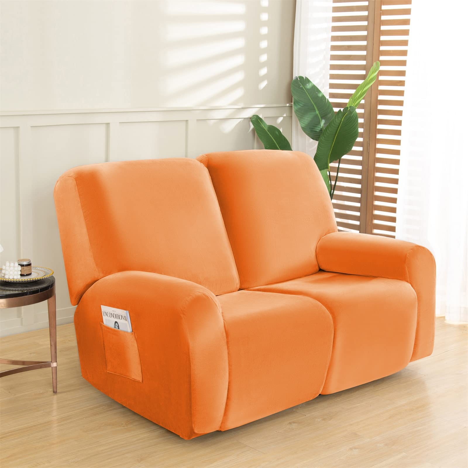 MIFXIN Recliner Sofa Cover Velvet Stretch 2 Seat Reclining Sofa Loveseat Couch Slipcover Soft Thick Elastic Recliner Cover Anti-Slip Washable Furniture Protector (Orange)