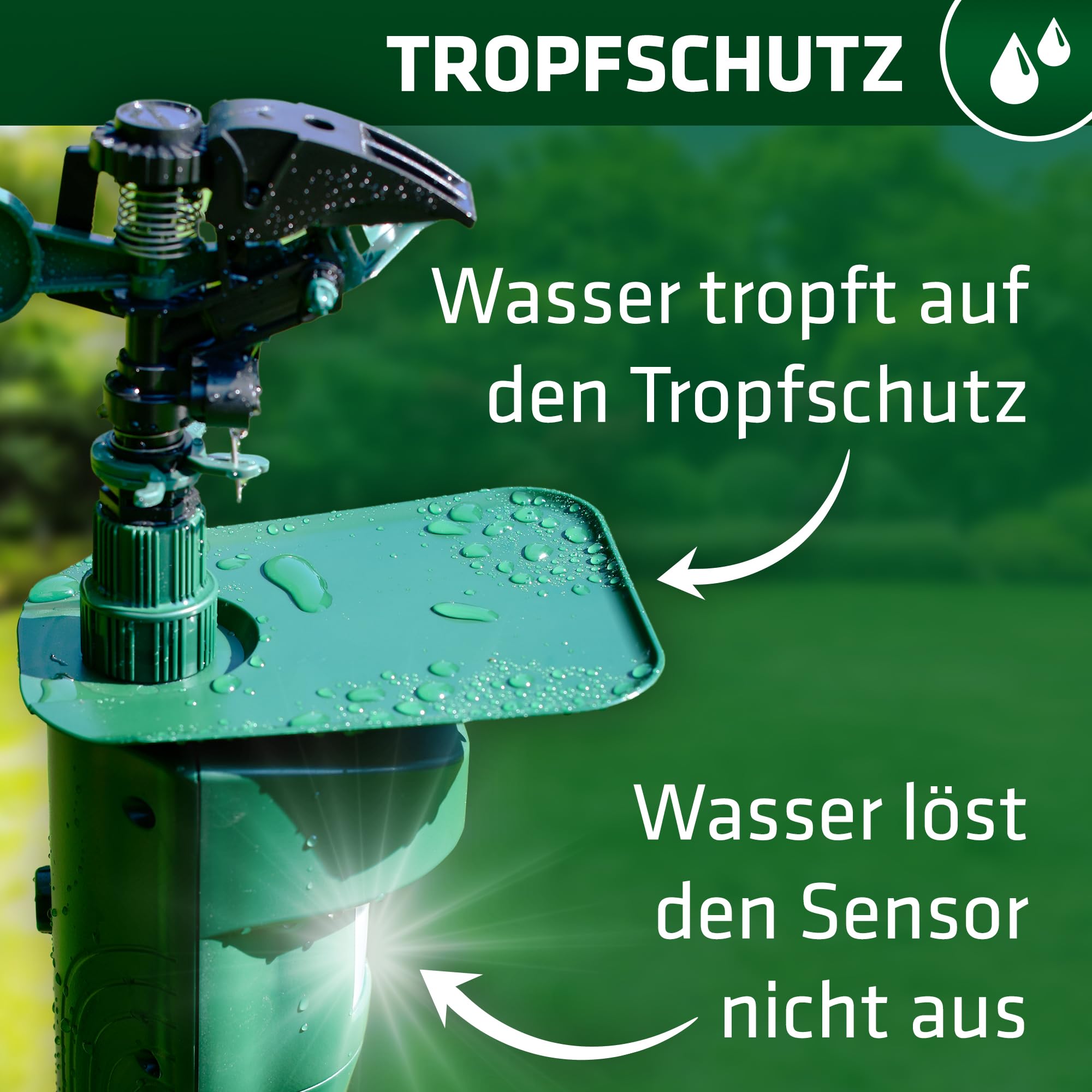 GARDIGO® Wasserstrahl Tiervertreiber I Vogelabwehr, Reiherschreck, Katzenschreck für Garten | PIR-Bewegungsmelder I Reichweite bis zu 10 m I Vogelschreck, Katzenabwehr, Hundeabwehr | Inkl. Batterien