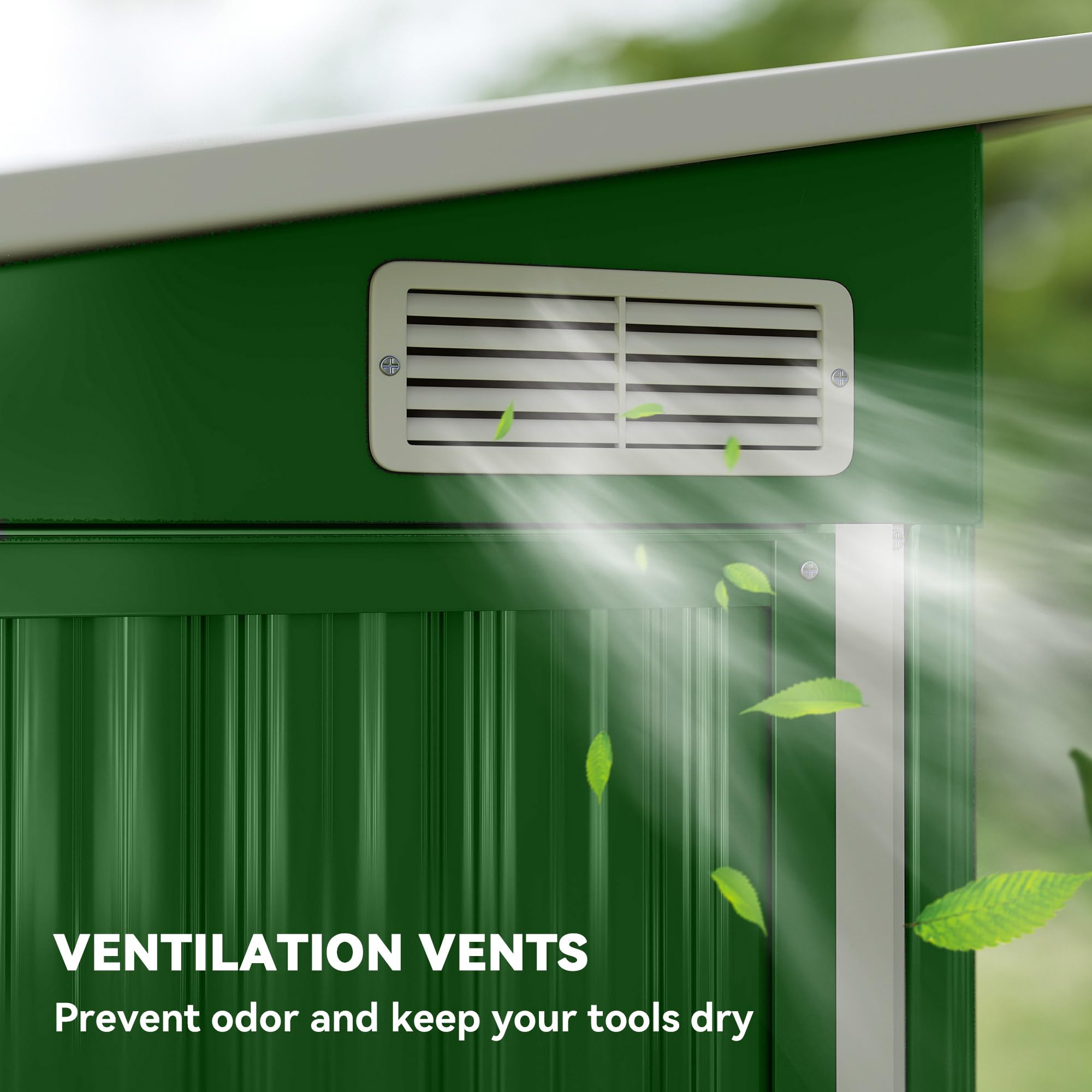 Outsunny 7.5 x 4.3ft Metal Garden Storage Shed, Waterproof Outdoor Shed with Triple Lockable Door, Gloves, Vents and Pitched Roof, Tools Bike Storage for Garden, Patio, Courtyard, Green — view 6
