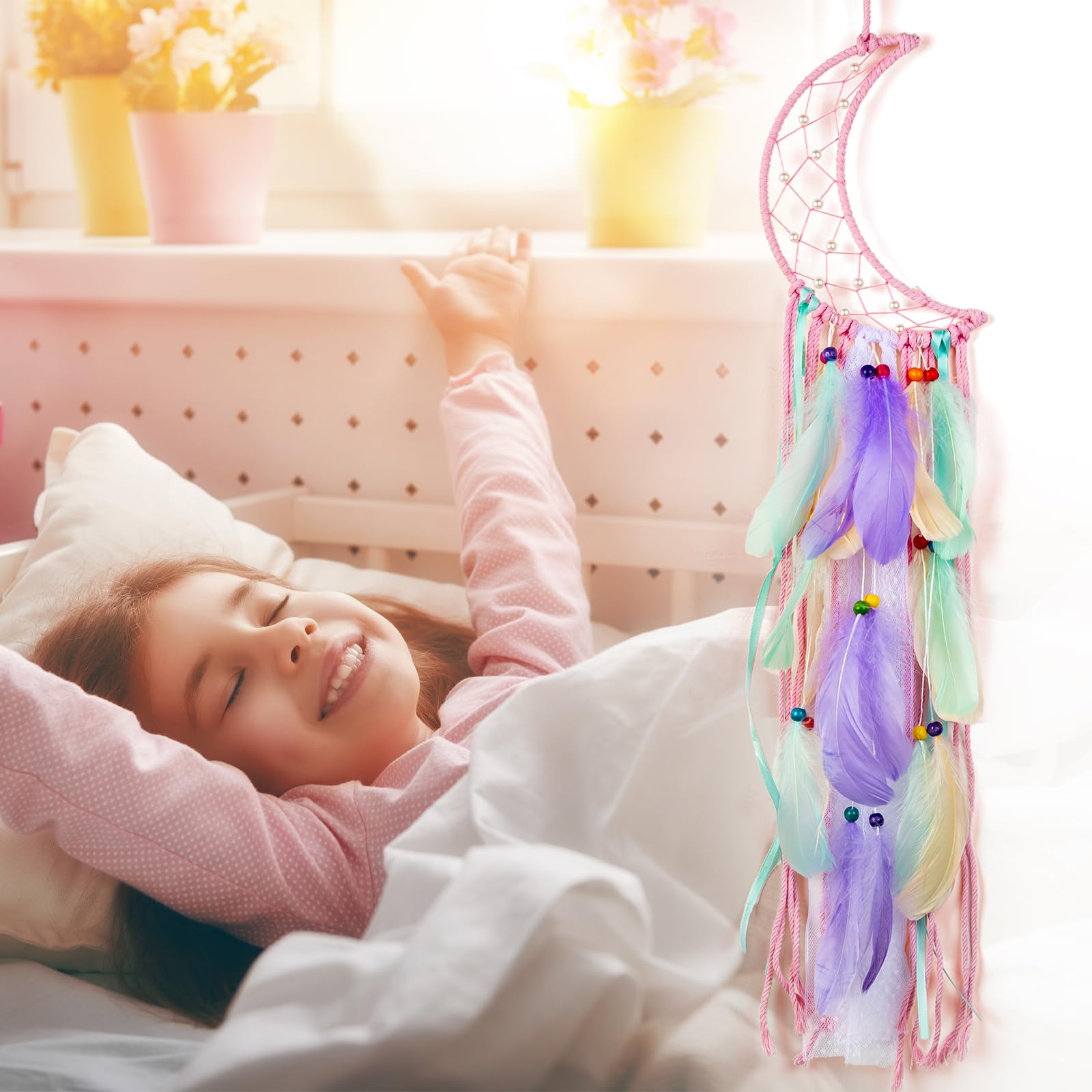 Arazzo da parete in macramè, con luce a LED, realizzato a mano, in tessuto bohémien, decorazione per la casa, decorazione per la casa, decorazione per la stanza di Eid Mubarak Ramadan (piume