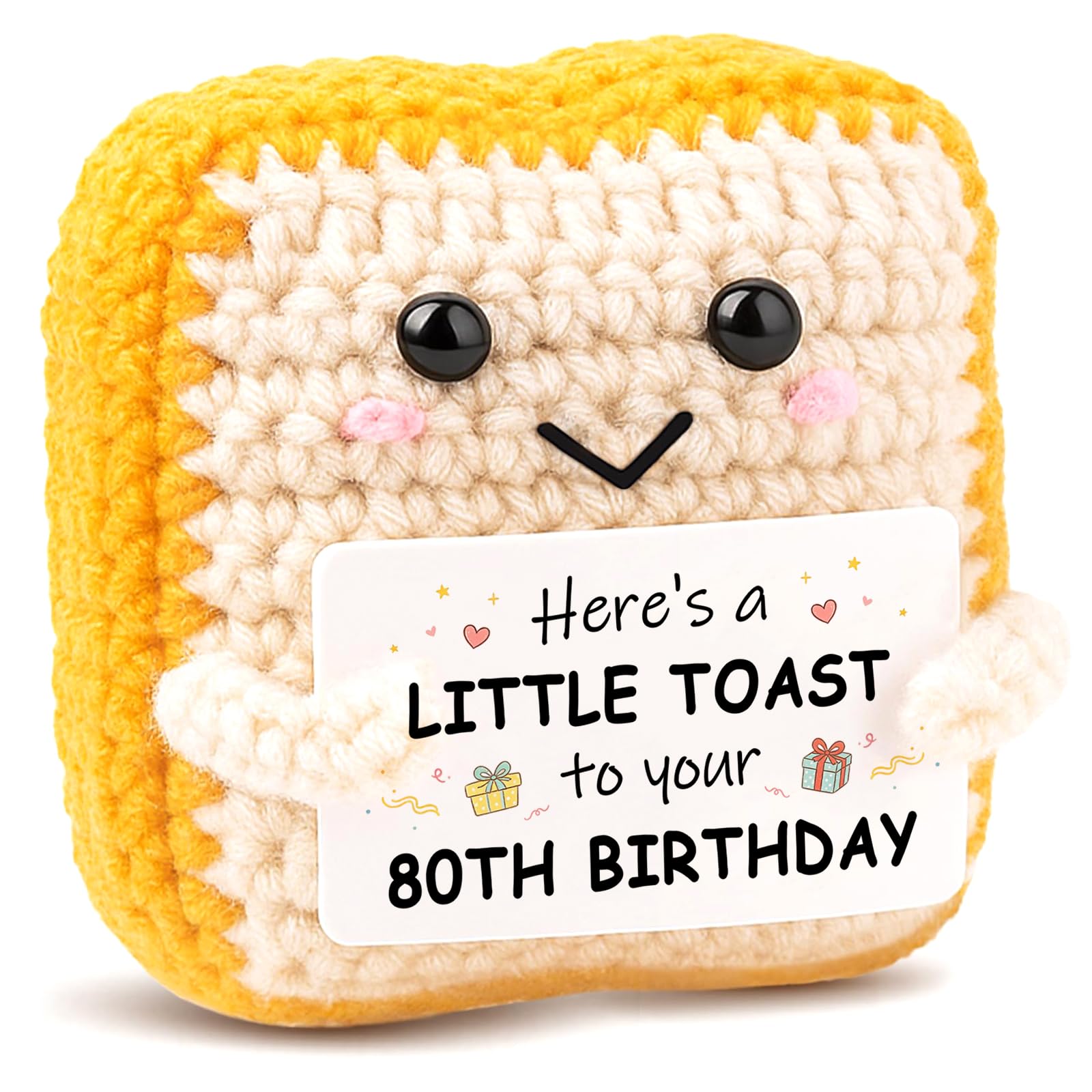 Nymora 80th Birthday Gifts for Women Men, Handmade Crochet Toast Bread Ornament with Themed Greeting Card, Cute Soft Yarn Milestone Birthday Keepsake for 80th Birthday Party
