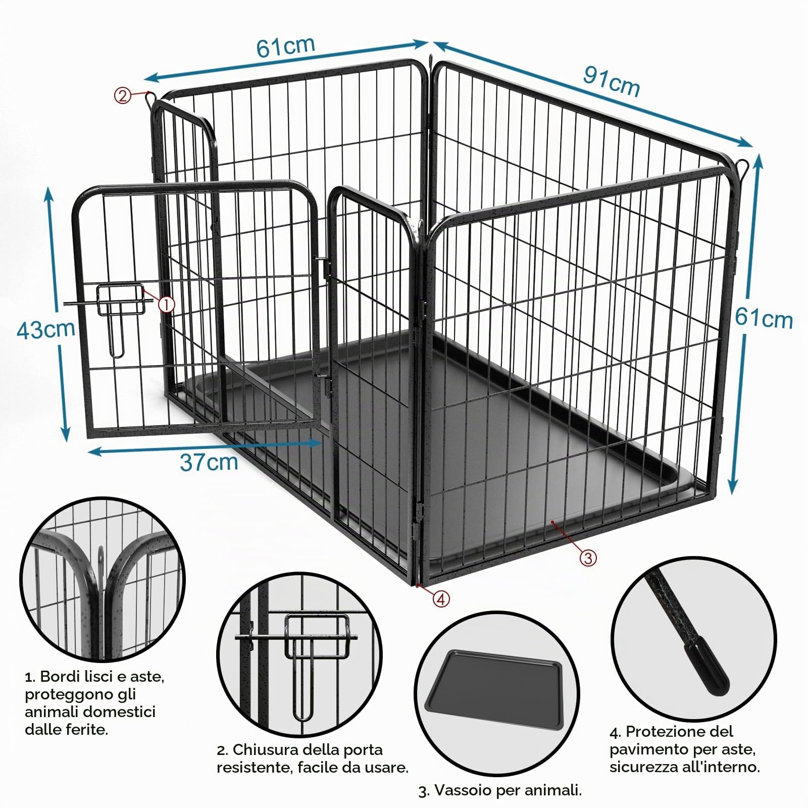 QRDA Recinto per cuccioli Recinto per cani in metallo Recinto per animali con cancello Recinto per cani pieghevole con griglia 4 pezzi