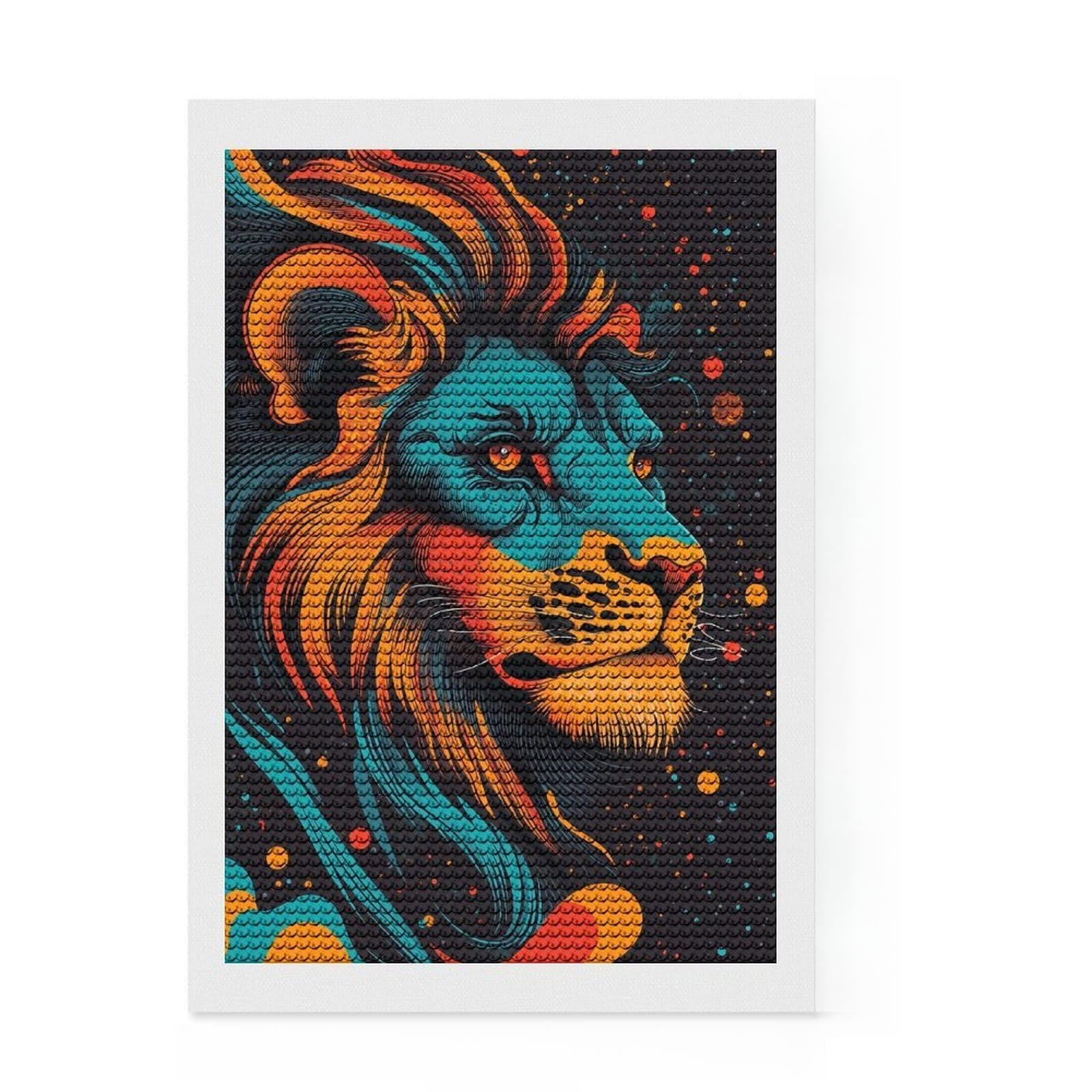 Junmoney Cosmic Lion Portrait Neon Jungle King Psychedelic Lion Portrait Diamond Style Art Kit 8"x12", Christmas Gift, for Family Craft Time, Vintage Style Decor, Creative Gift Idea