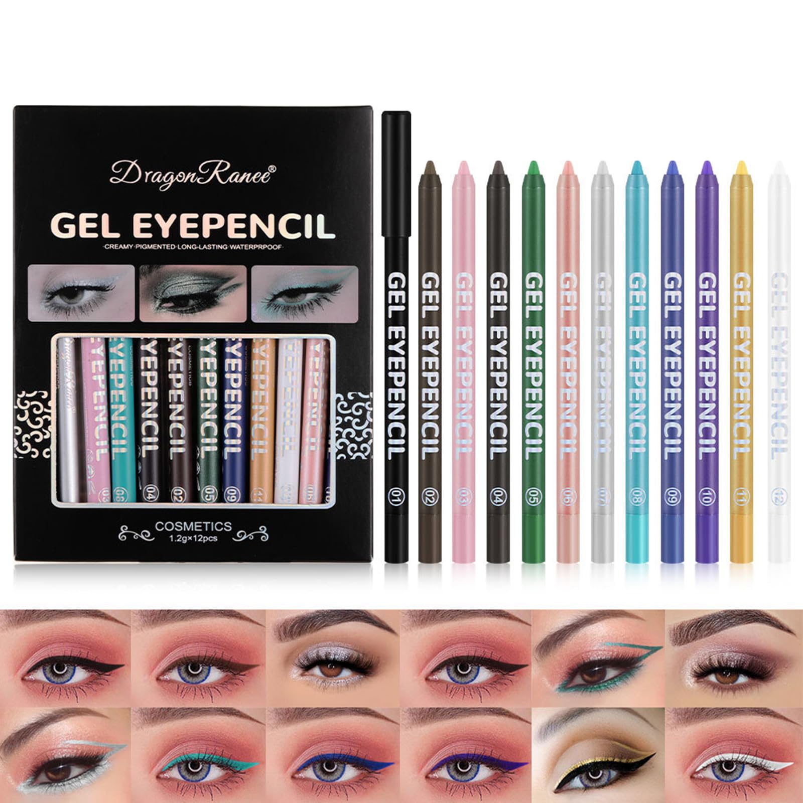 Pure Vie Eyeliner Colores, 12pcs Lapiz de Ojos Waterproof Eyeliner Marron Azul Verde Blanco Delineador de Ojos, Lápiz de Ojos Larga Duración Eyeliner Gel Maquillaje Cosmetics para Mujeres Niñas