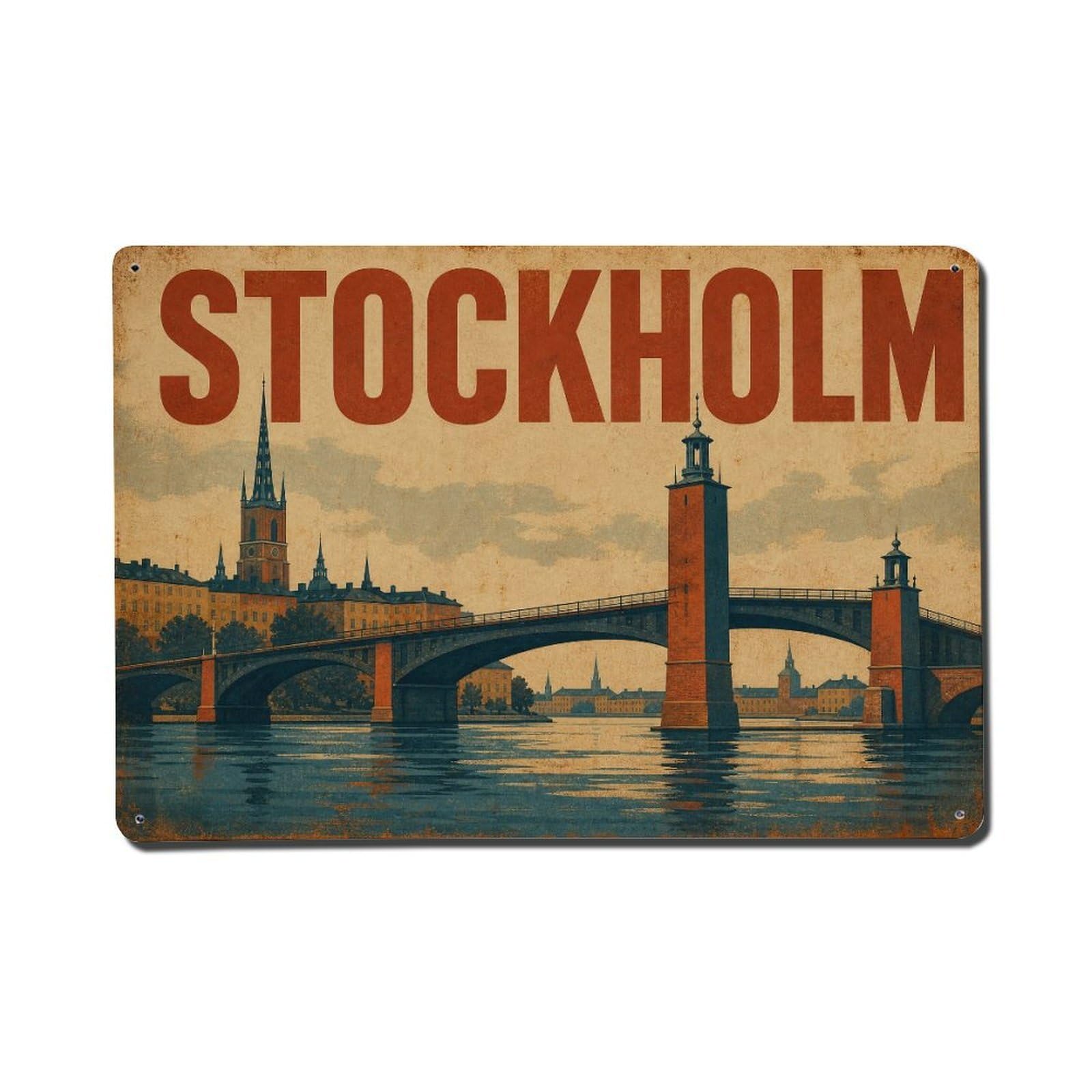 Huiyhb 8X12inch(20X30cm) Vintage Travel Stockholm Bridge Scene Sweden Metal Tin Sign