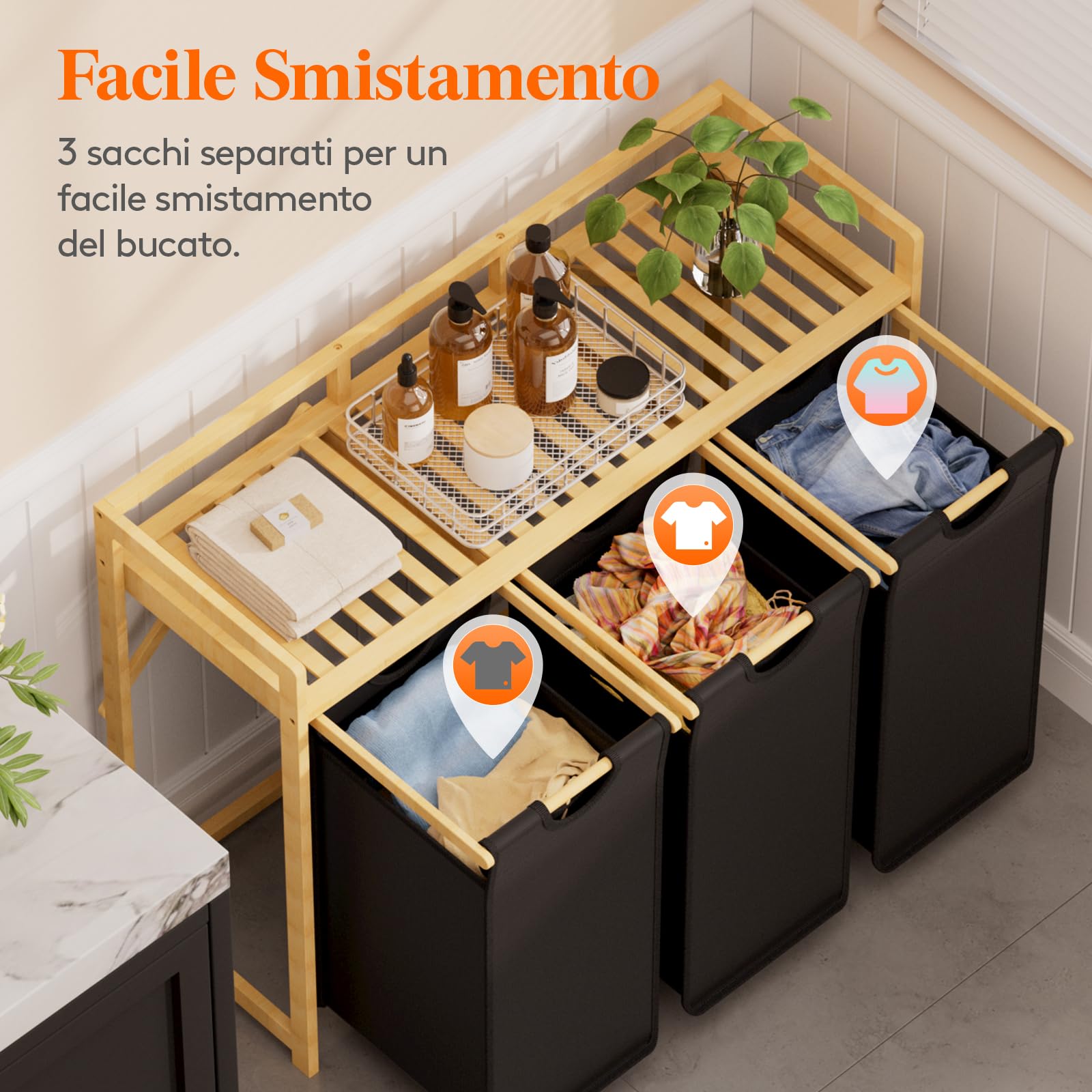 Lifewit Cesto Portabiancheria 150L a 3 Scomparti, Grande Cesta per Biancheria con 3 Sacchi Rimovibili, Mobile per Bucato per Camera da Letto, Bagno, Lavanderia, Nero
