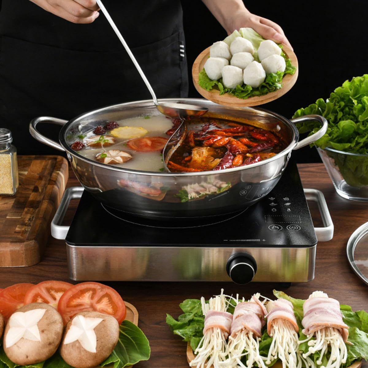 MAGICLULU Olla de Acero Inoxidable 32 Cm para Olla Caliente de Doble Sabor con Colador y Cuchara Menaje de Cocina Hogar para Sopa y Reuniones Familiares