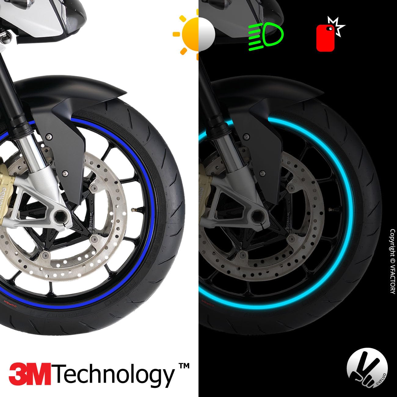 VFLUO - Kit Pegatinas Llantas de Moto Reflectantes, Autoadhesivas para 1 Rueda, 3M Technology™ - Gran Visibilidad Lateral - Discreto y diseño - Fácil colocación — view 3