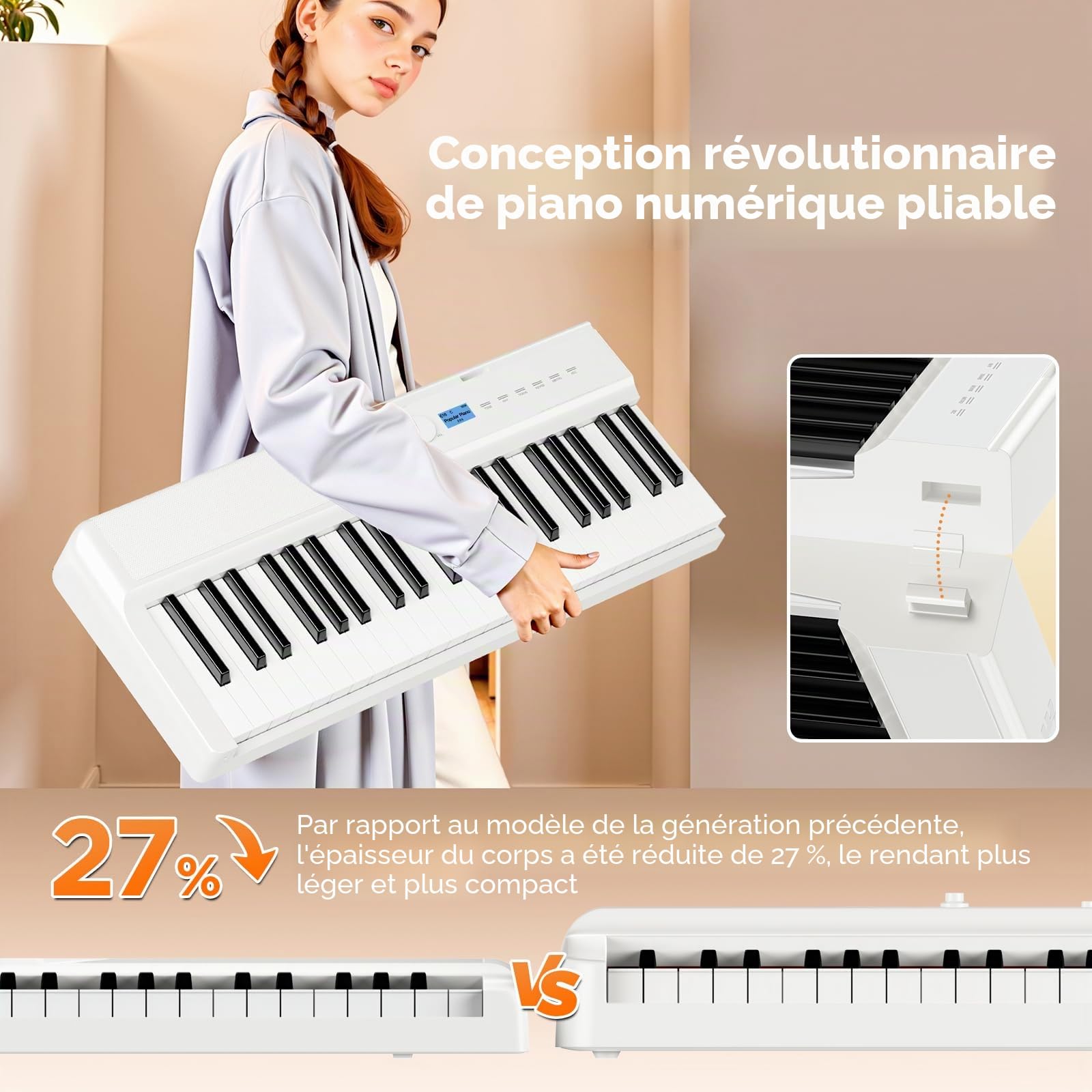TERENCE Piano numérique 88 touches - 30 W - Haut-parleur AR - Système audio - Piano électronique pliable - 4 effets de réverbération - Capteur miroir - Interfaces MIDI