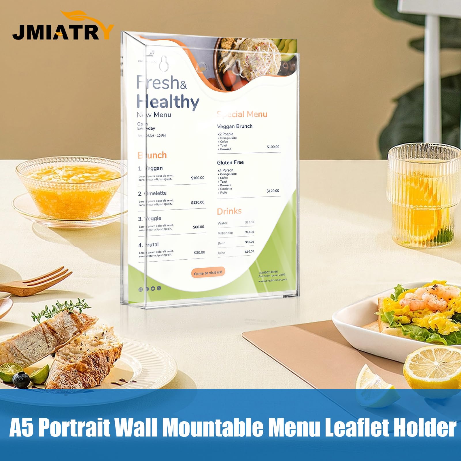 JMIATRY Lot de 2 porte-documents muraux A5, support mural A5 portrait, porte-menu, brochures, supports transparents pour extérieur/intérieur, 22,7 x 16,5 x 4,4 cm