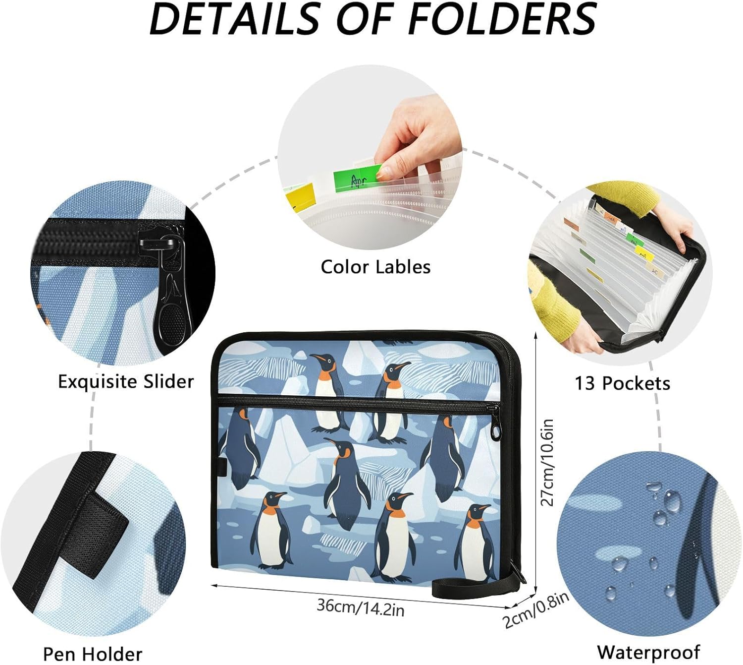 File Folders Penguins on The Ice Plastic Folders with 13 Pockets, Expandable File Folder for Documents School Students Office, Aesthetic Folder with Labels A4 Letter Size