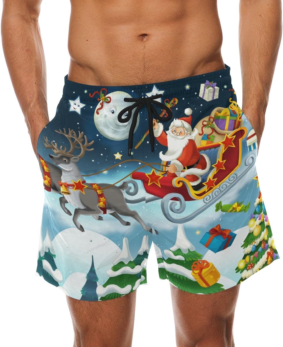 COOSUNMen's Christmas Santa Claus Beach Board Shorts Quick Dry Swim Trunk