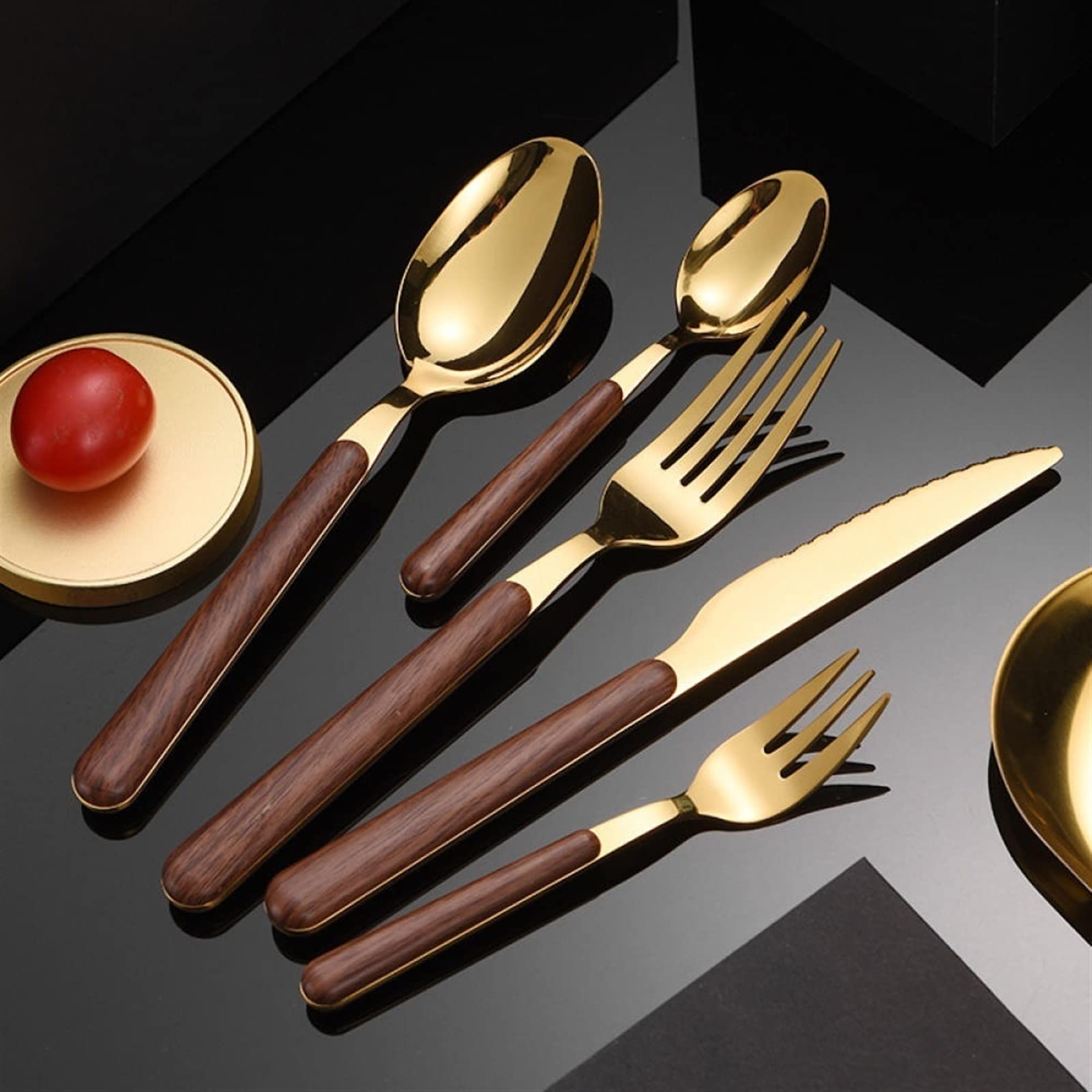 Ménagère de 20 pièces avec poignée en bois et acier inoxydable doré pour 4 couteaux, fourchettes, cuillères, ensemble de couverts en bois élégant doré