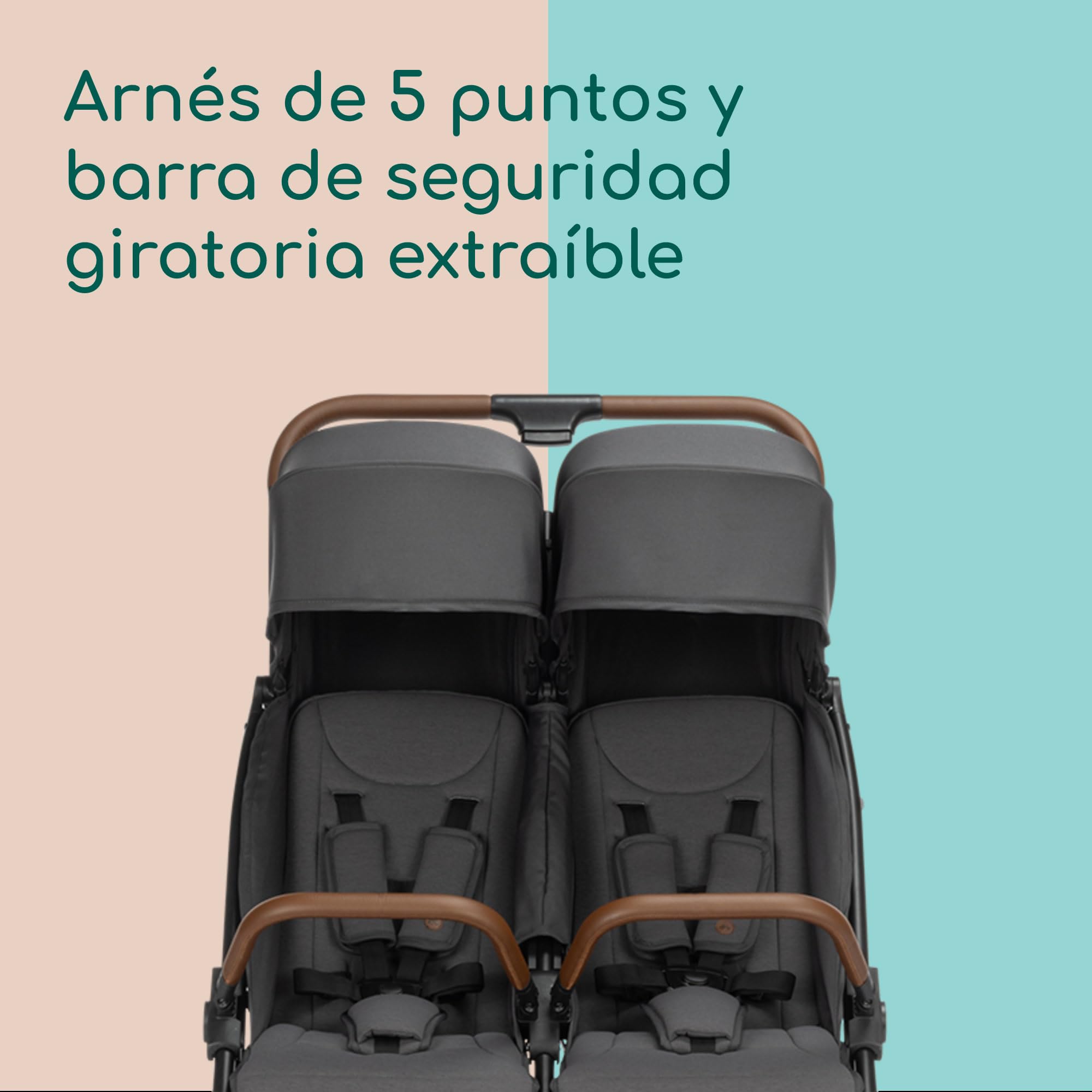 Bebeconfort Mane, Carrito Gemelar, 0-22 kg, Plegado Automático, Reclinación Total, Barras De Seguridad Giratorias, Arnés 5 Puntos, Ventana De Malla, Burbuja Impermeable, Cesta (8 kg), Mineral Graphite