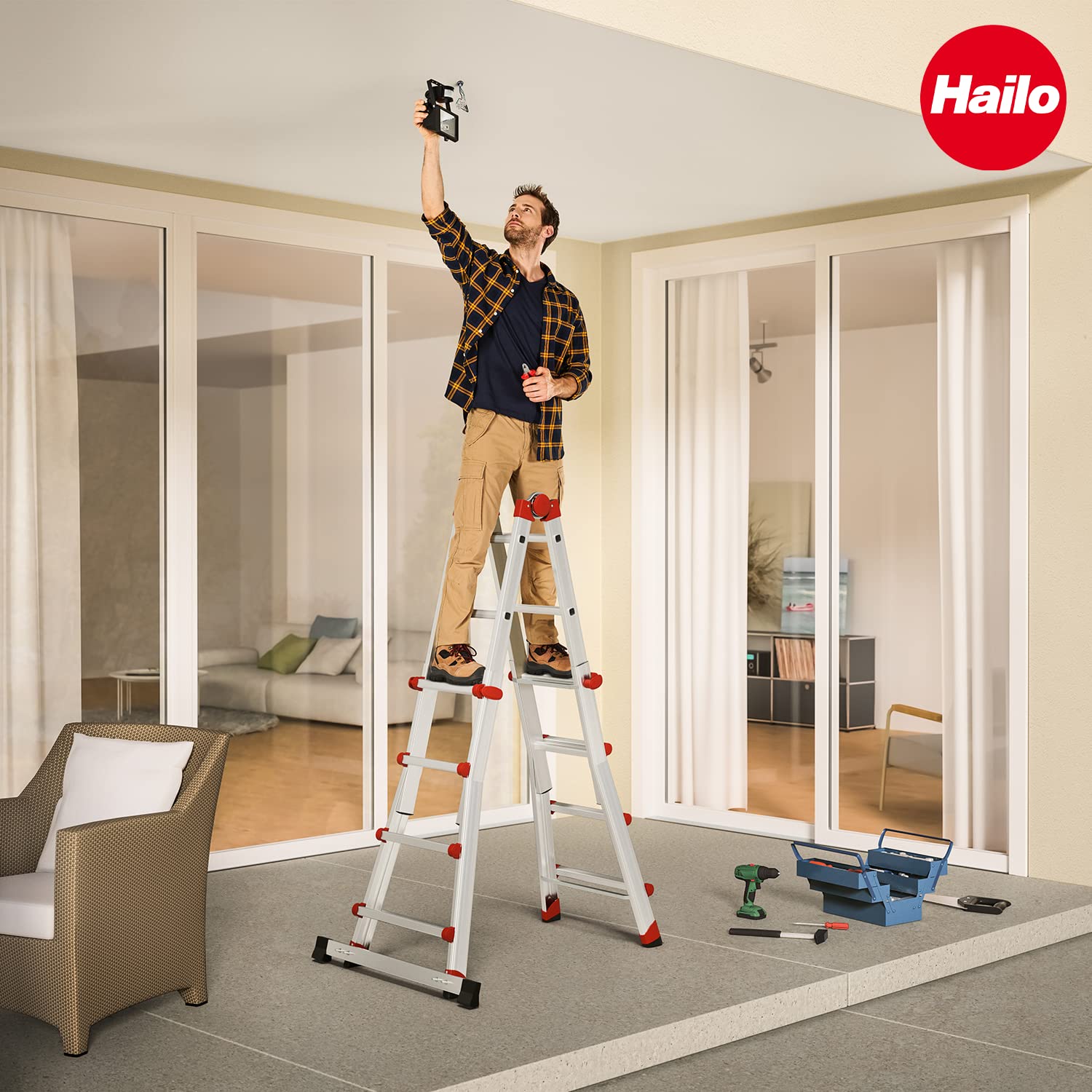 Hailo M80 7516007 Aluminium Echelle Polyvalente Hauteur de Travail (Max.): 4.70 m Argent, Rouge 12.7 kg