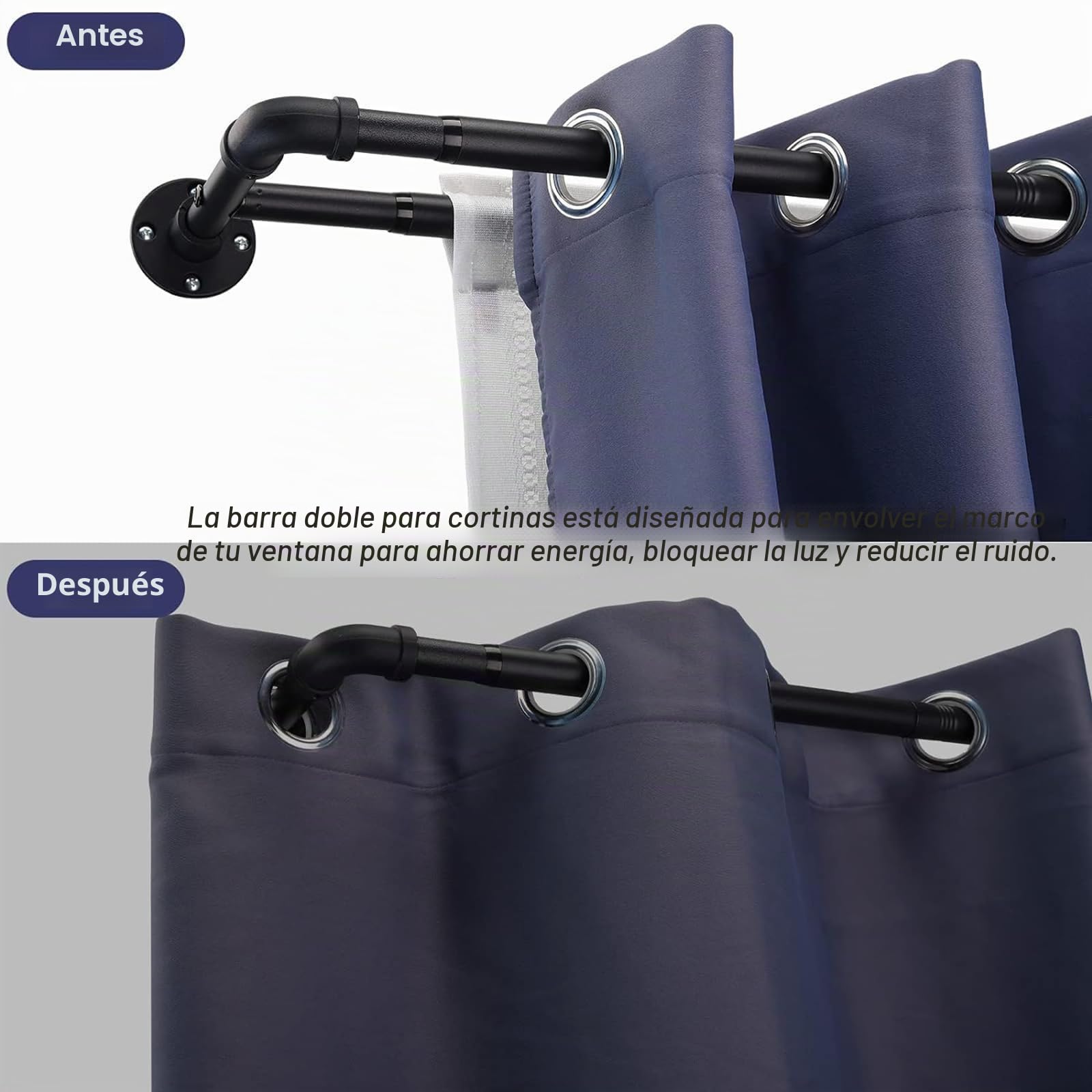 Barras de Cortina Doble Estilo Industrial, 73-127cm Barra de Cortina Doble Extensible con Cabeza de Brida y Soportes, Barra de Cortina de Acero Inoxidable Decorativa Ajustable para Sala/Negro Mate