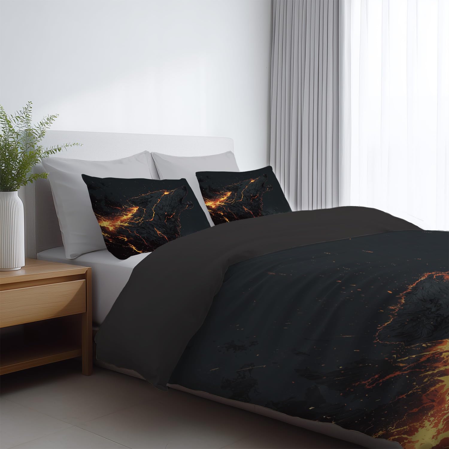 Żółta złota poszwa na kołdrę 220 x 240 cm dla 2 osób - zwierzęta dziki duch płomienie wilk motyw drukowany zestaw pościeli z zamkiem błyskawicznym i 2 poszewkami na poduszki dla dorosłych i