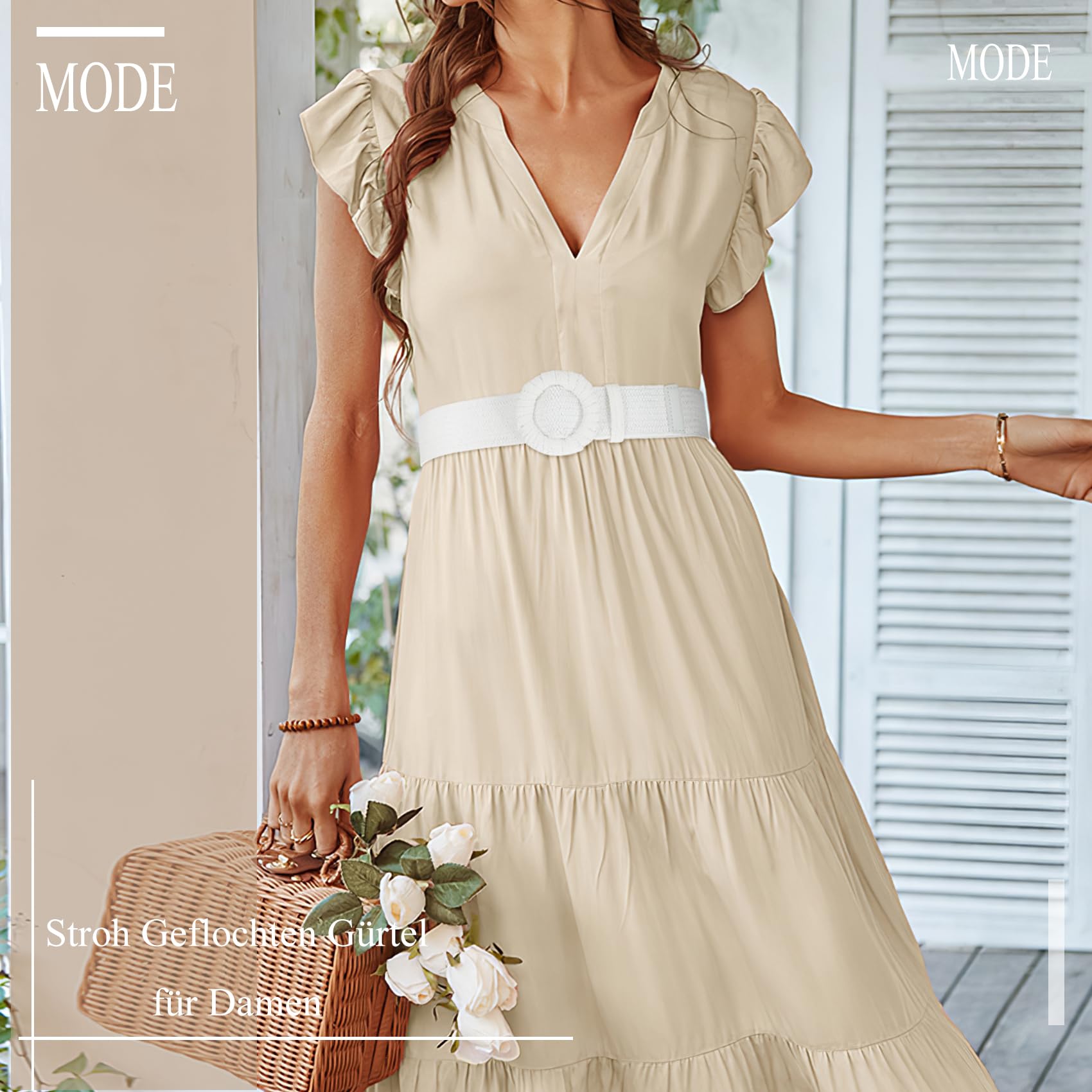 JasGood Stroh Geflochten Elastischer Gürtel für Damen Breiter Taillengürtel Rattan Gewebter Boho Gürtel für Kleider