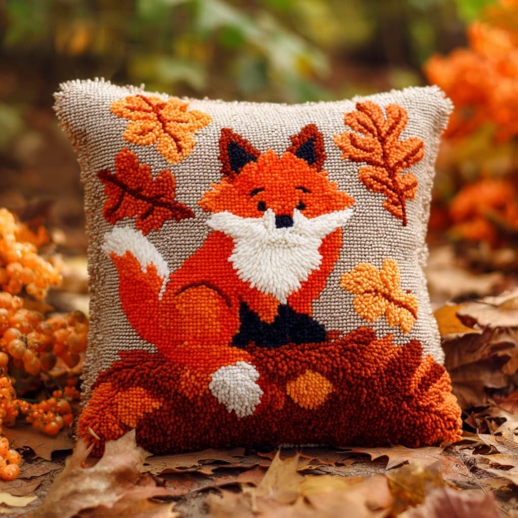 AxiangziK Latch Hook DIY Pillow Kit,Red Fox Cushion Cover 43X43Cm