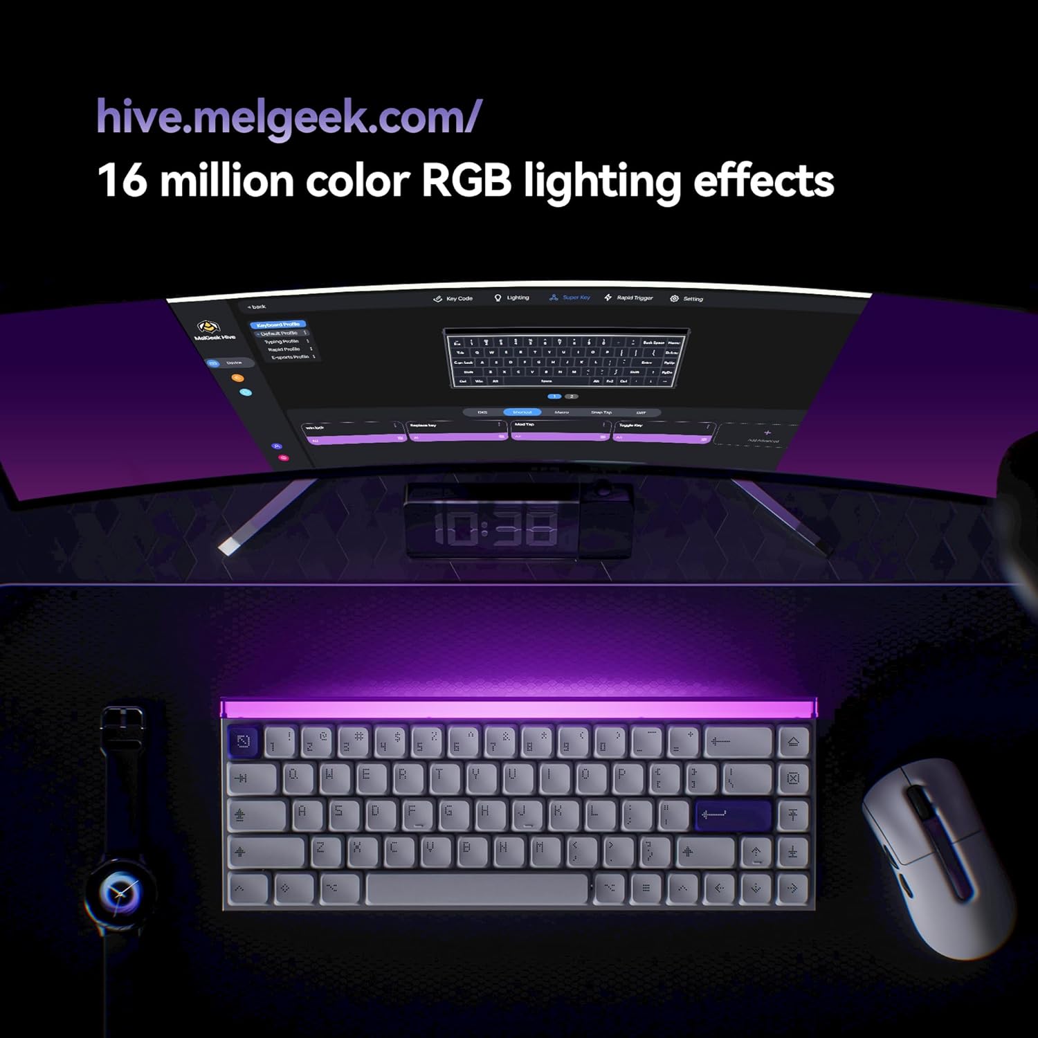MelGeek MADE68 Air Wired Keyboard, Hall Effect Magnetic Switch Low-Profile Gaming Keyboard, 65% Compact Rapid Trigger, Hot-Swappable, RGB Snap Tap & Adjustable Actuation, Online HIVE Custom (Purple)