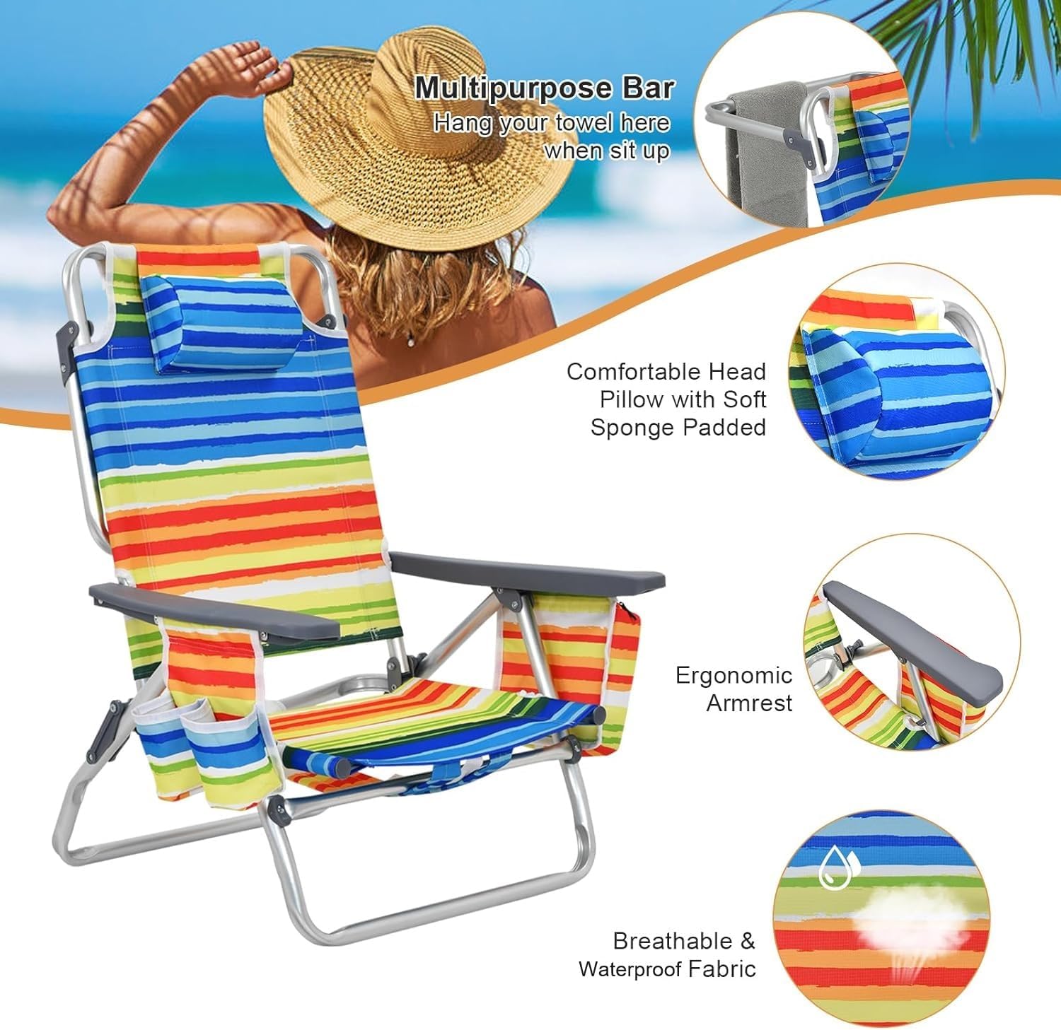 GYMAX Beach Chairs, Backpack Camping Chair with Armrest, Cooler Bag, Cup Holder, Towel Bar & Side Pockets, Sunbath Sling Tanning Lounge, Folding Layout Chair (Without Table, Yellow Stripe)