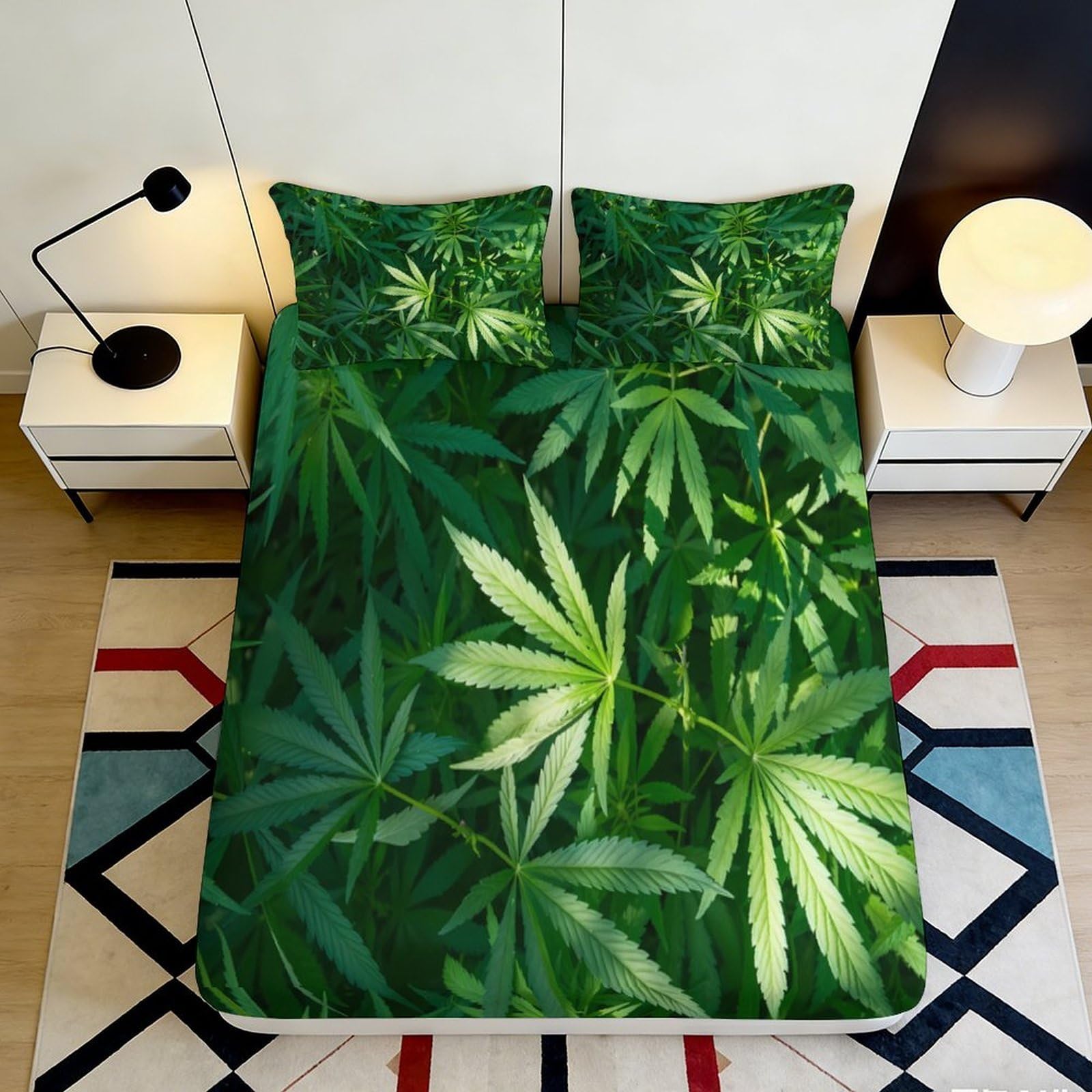 3D Printed Cannabis Leaf Fitted Sheet Microfiber Green Botanical Marijuana Bed Cover for Bedroom Guest Room Decor 90x200x25cm