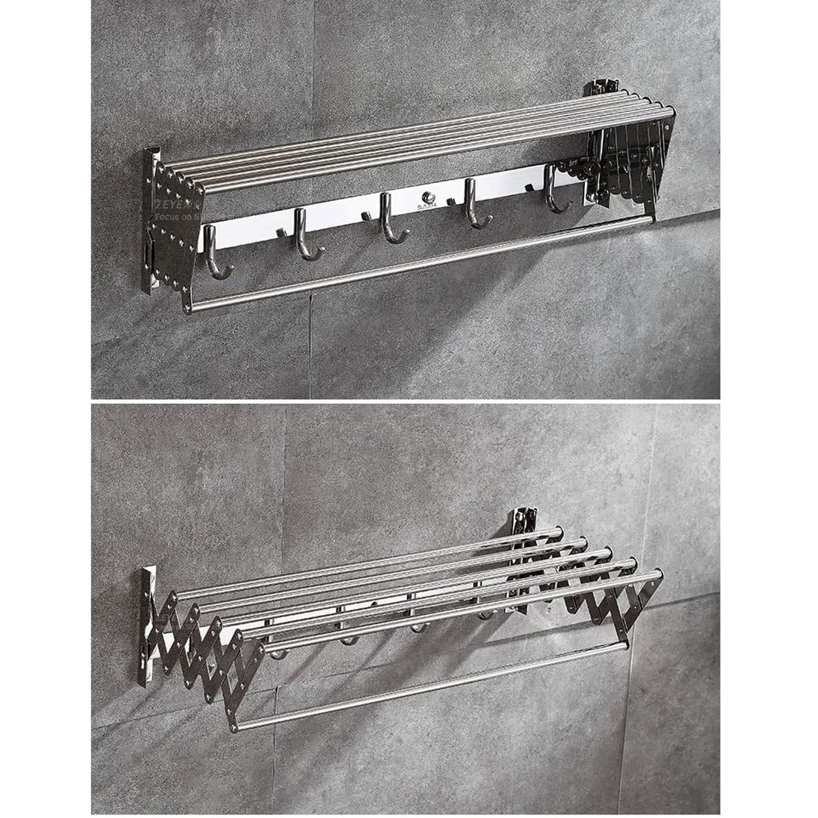 Este tendedero de Ropa de Pared Plegable y retráctil Incluye un toallero con Ganchos para el baño.