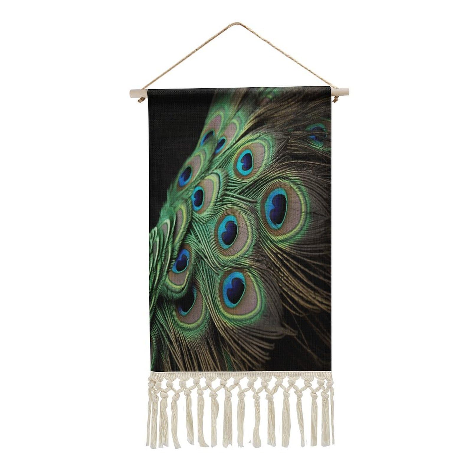 VstaDank Green Peacock Feather Wall Art Decor with Tassels 20"x10" Cotton Linen Hanging Tapestry Decor Wall Art Prints Wood Frame Boho Wall Art Poster for Bedroom Living Room Office