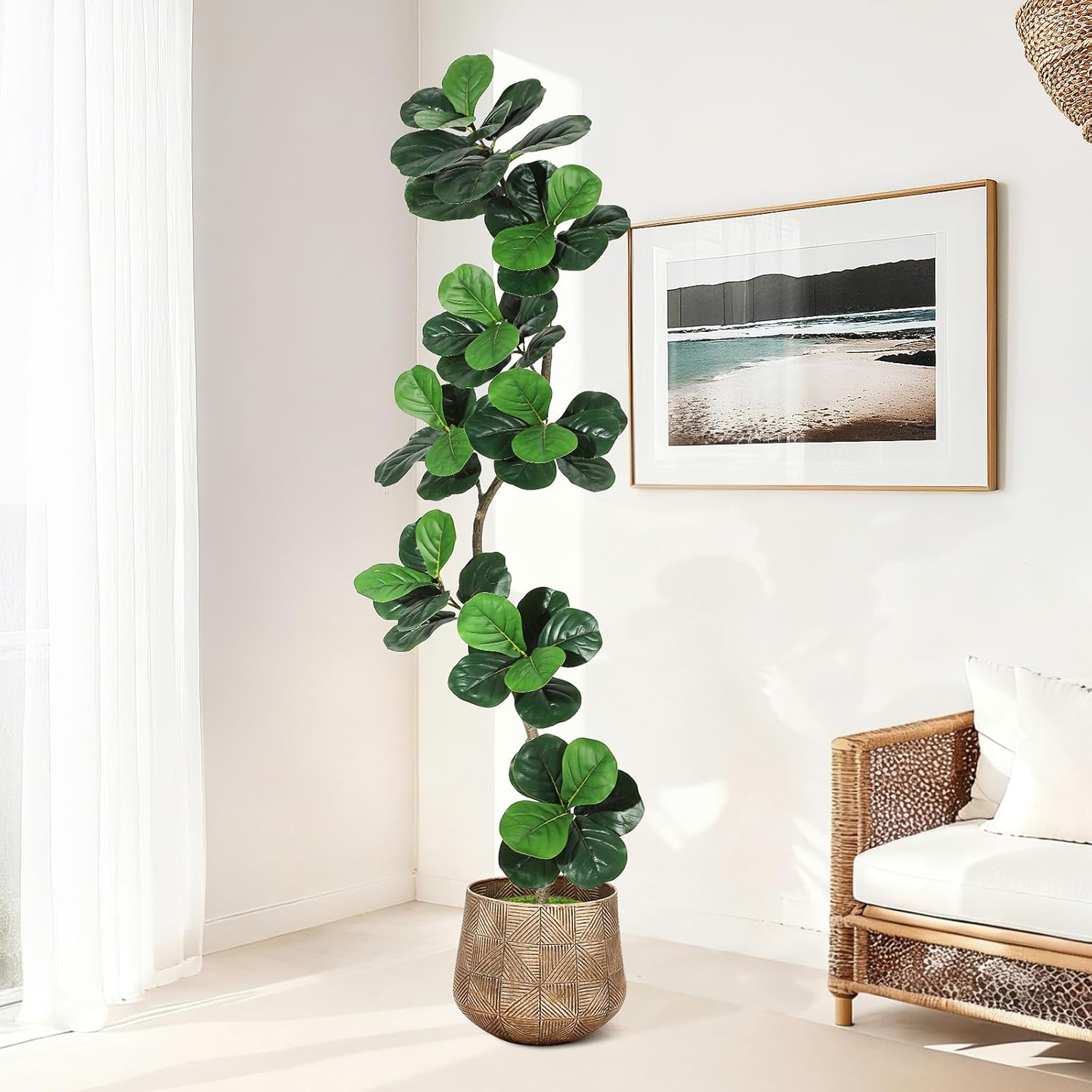 GarveeHome Fiddle Leaf Fig Artificial Tree with White Planter,7 ft Faux Plants Indoor with Moss, Fake Rubber Tall Fake Floor Plant in Pot - Artificial Trees for Home Office Living Room Decor - Image 2