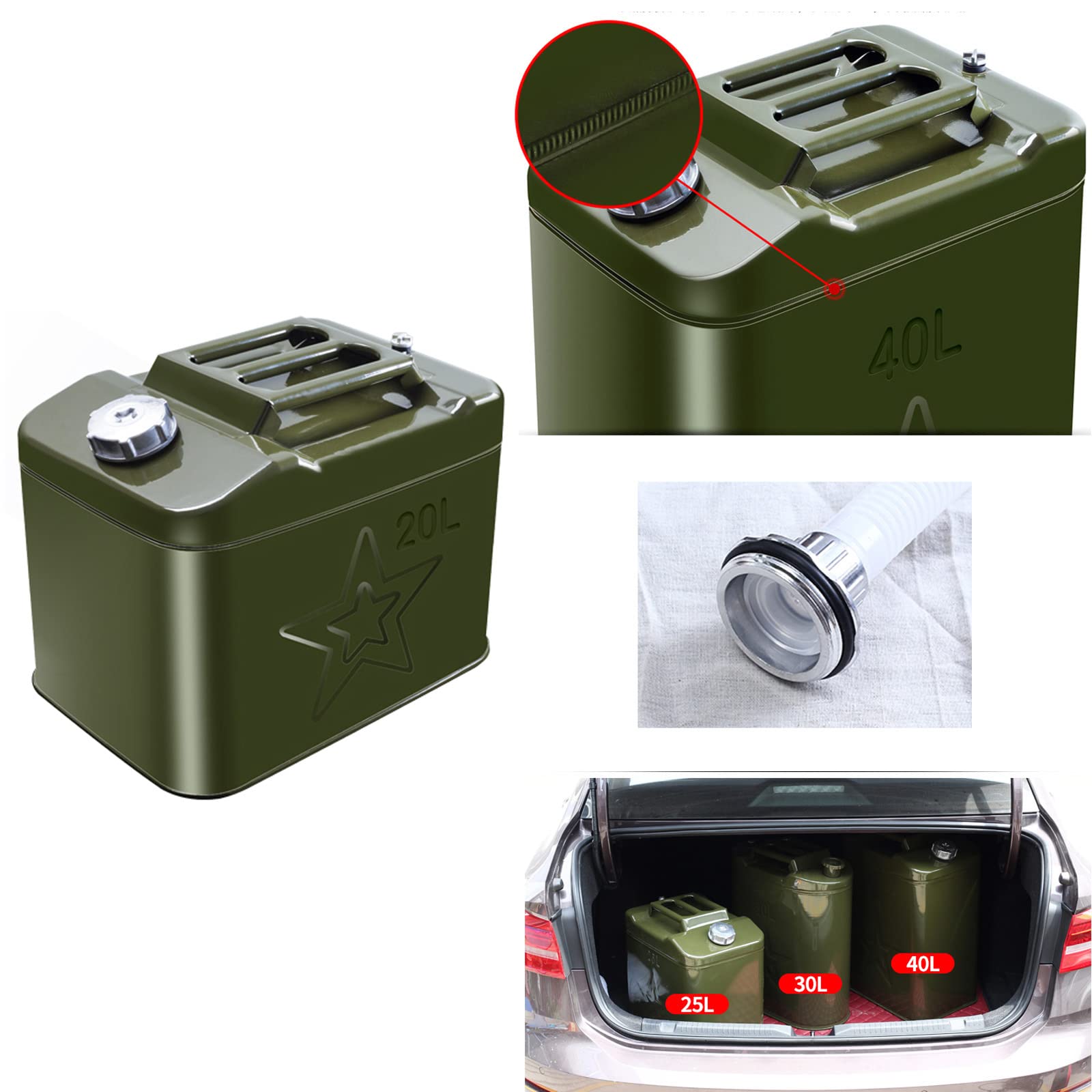 Bidón de Gasolina metálico,garrafa Gasolina Recipientes con asa para Coche,depósito de Combustible de Repuesto Vertical Grueso móvil de anticorrosión,Verde Oliva,10L,20L-60L