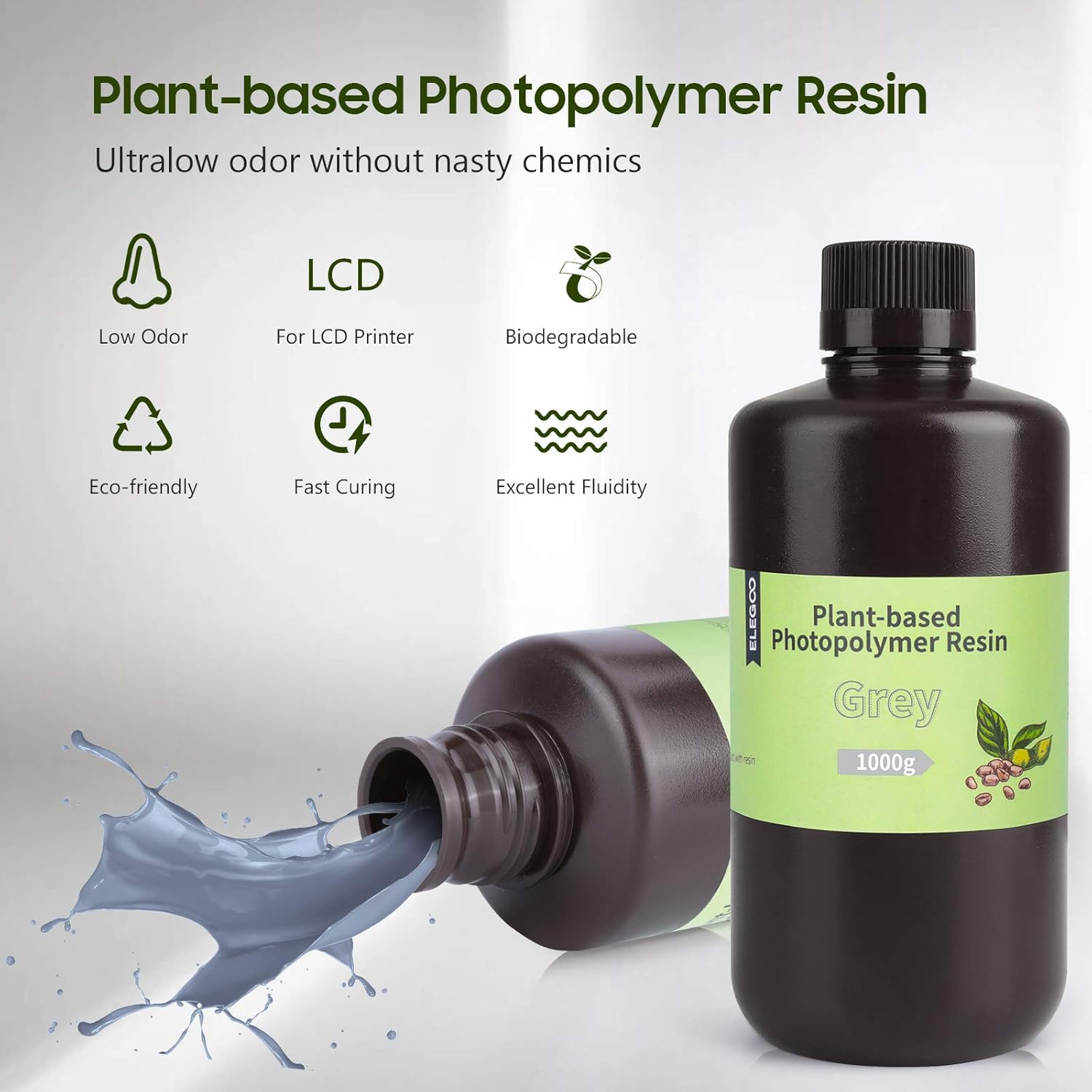 ELEGOO PlantBased 3D Printer Resin with Ultralow Odor and High Precision, 405nm UV Rapid