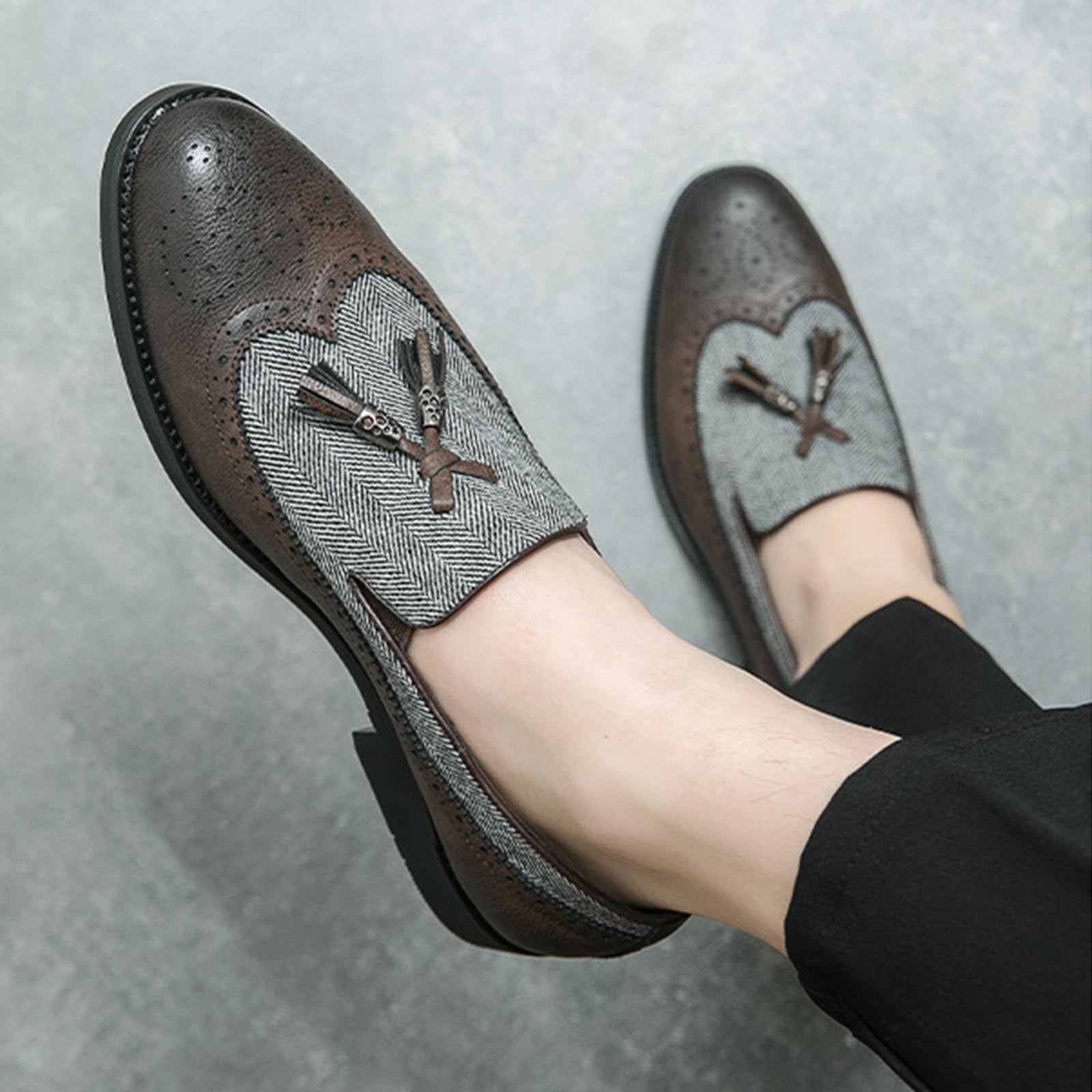 Mocassini da Uomo con Nappine, Patchwork, Bicolore, Scarpe Casual Senza Lacci, Brogues da Cerimonia