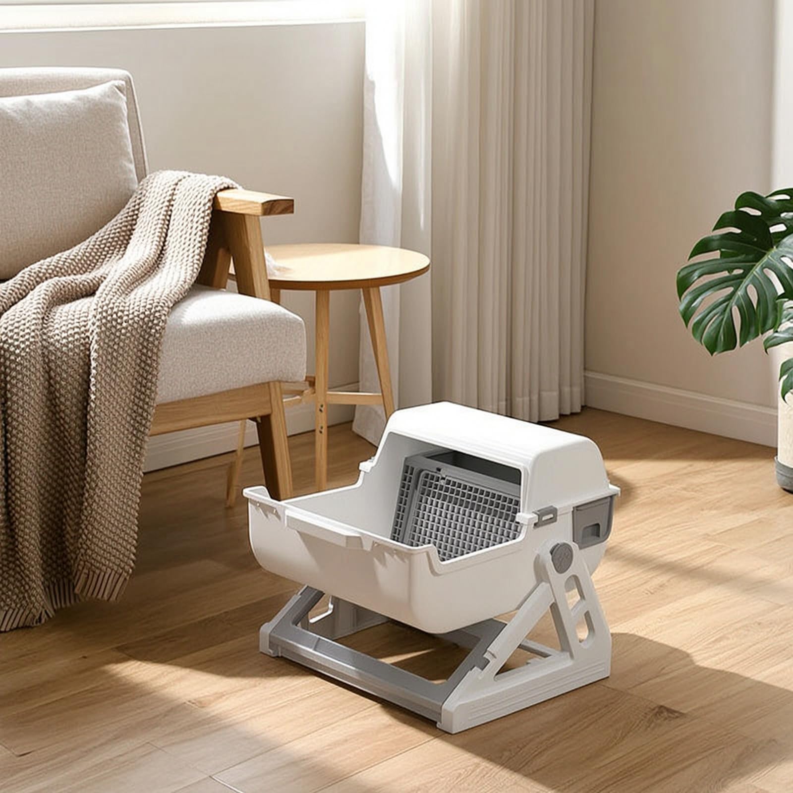 Arenero Semiautomático Amplio Arenero con Rejilla Separación Resistente Caja Semicerrada para s, Casa, Gris Blanco