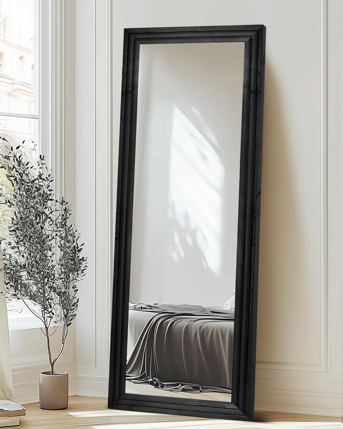 Lustro o pełnej długości 165 cm x 56 cm ze stojakiem, rama z litego drewna, podłogowe, duże lustro do salonu, sypialni, wiszące stojące lub pochylone na ścianie, nowe czarne