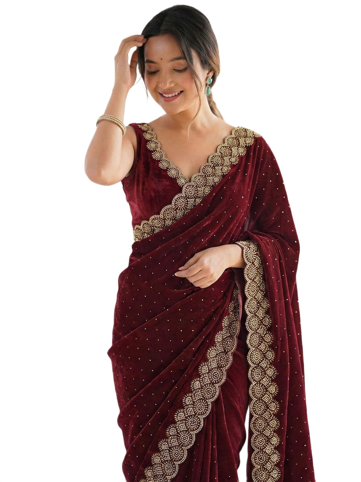 Women's Tissue Silk Stone Work & Scalloped Border Saree with Unstitched Blouse Piece-image-49