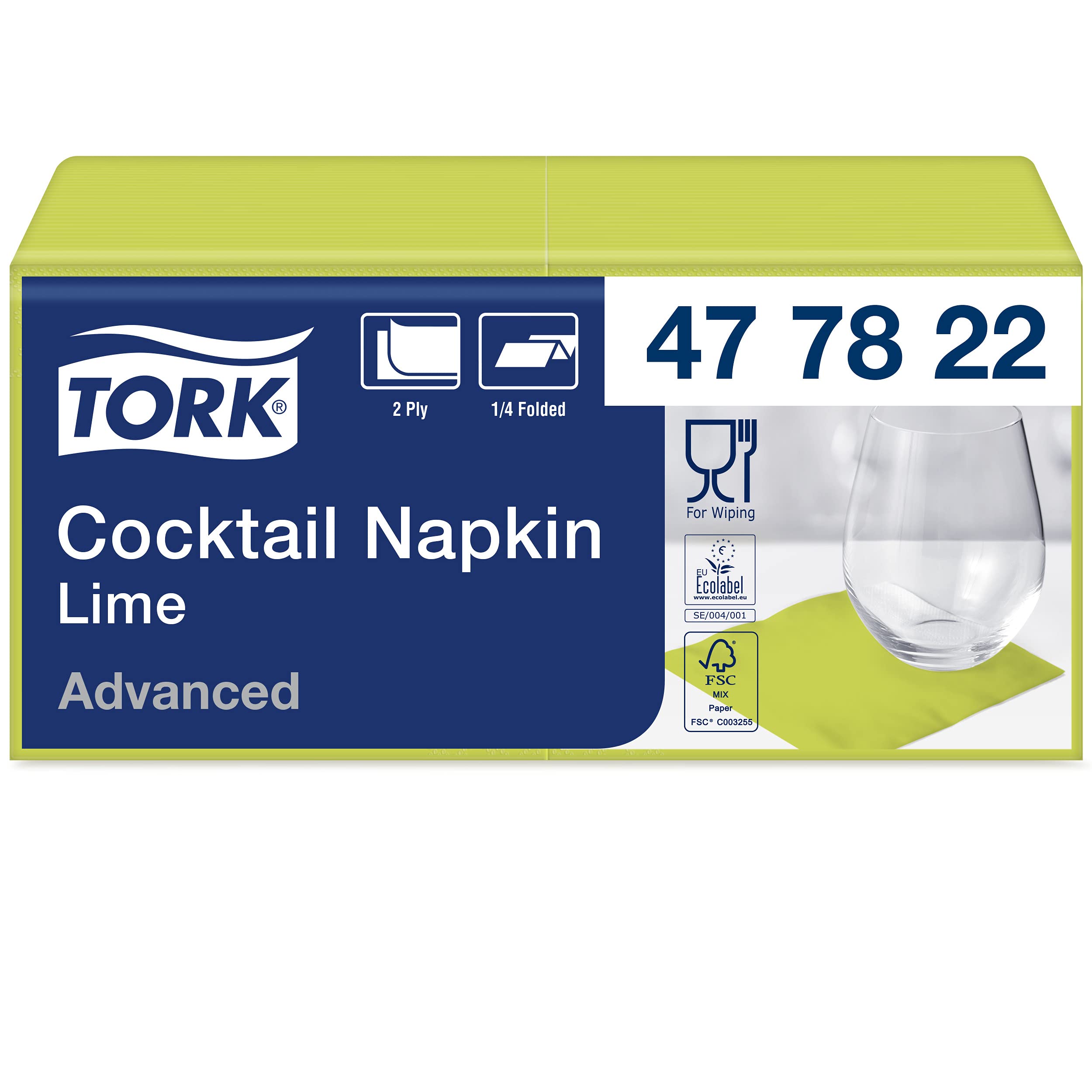 Tork 477822 Serwetki koktajlowe Limone/Serwetki koktajlowe najwyższej jakości z zakładką na 1/4 / 12 x 200 (2400) serwetki / 23,8 x 24 cm (szer. x dł.)