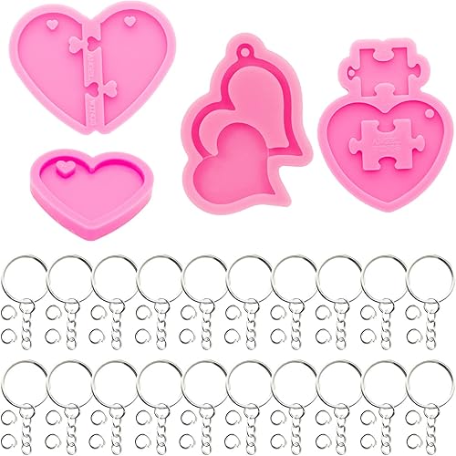 Juego de 64 moldes de silicona con forma de corazón, 4 moldes de silicona de corazón diferentes, moldes de resina epoxi, con llaveros y anillos de
