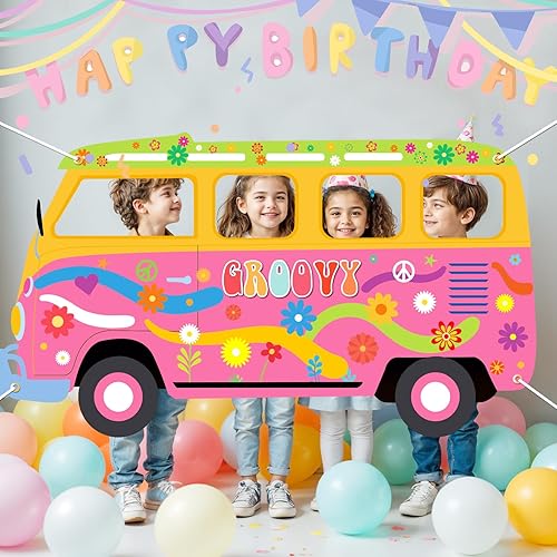 Miniatura 4 de Gran accesorio de fotos en forma de autobús hippie de los años 60 y 70, decoración de fiesta de tela retro para furgoneta, cartel hippie para fotos