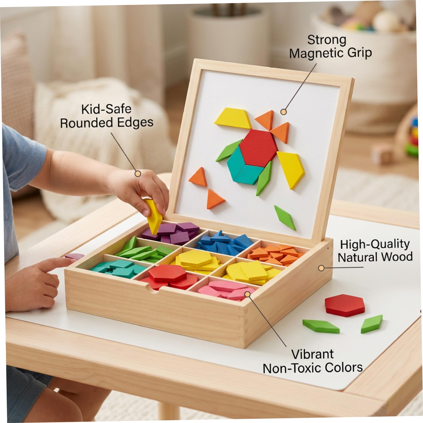 Rompecabezas Tangram, Rompecabezas magnéticos de Madera con Tarjetas de diseño, Juguetes de Aprendizaje para niños de 3 a 8 años, de geometría Tangram, 220 Piezas, Tangrams