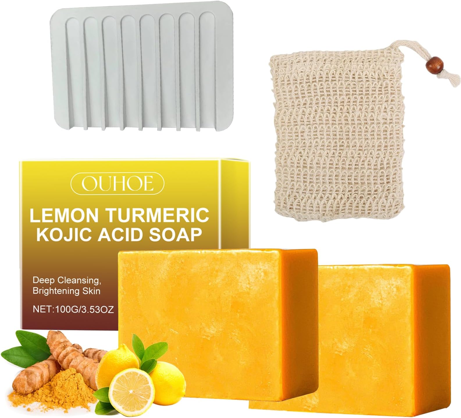 2Pcs Lemon Kojic Acid Turmeric Soap with Box & Foaming Net Set - Vitamin C Turmeric Soap with Pure Plant Fiber Foaming Net - Reduce Dark Spot for Face and Body