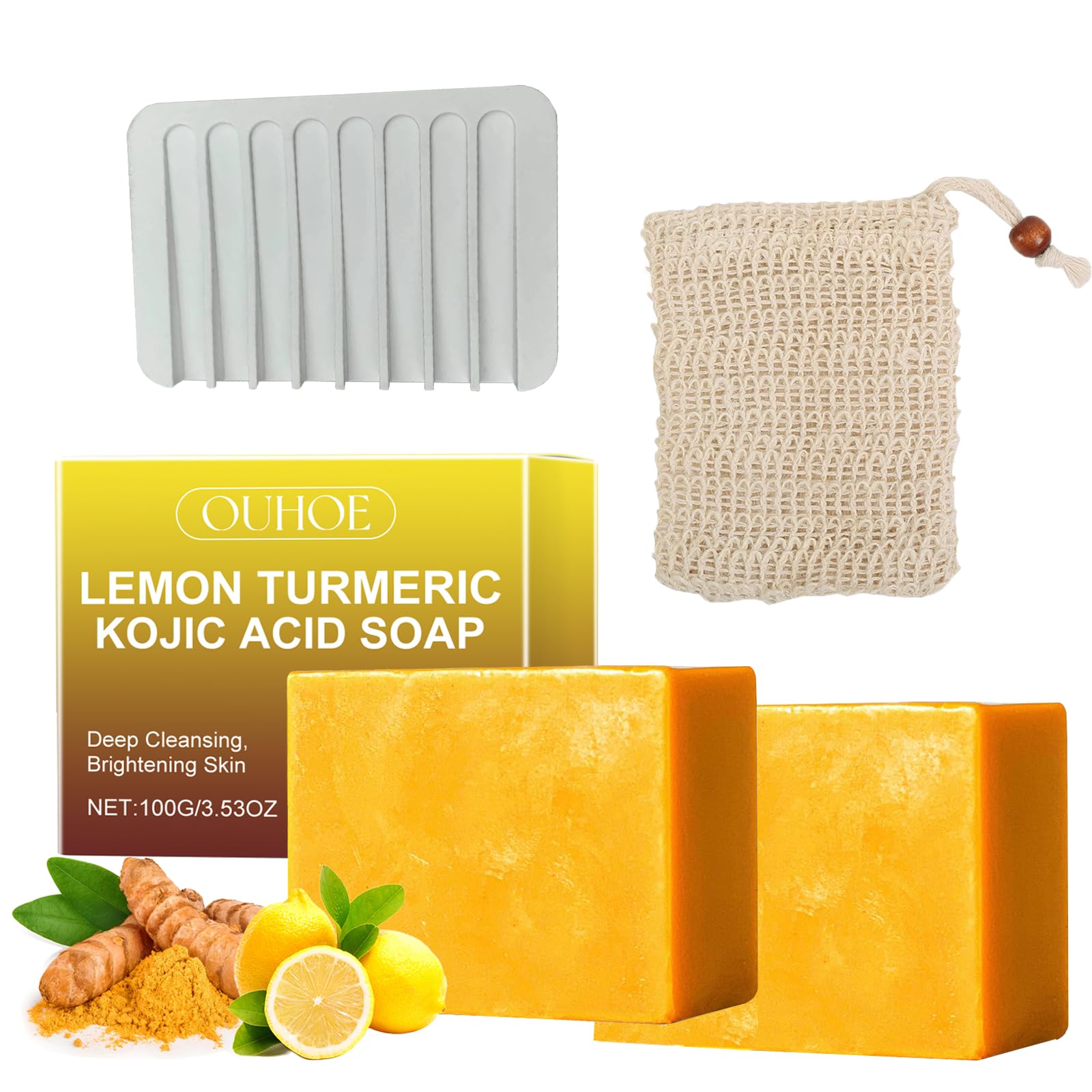 2Pcs Lemon Kojic Acid Turmeric Soap with Box & Foaming Net Set - Vitamin C Turmeric Soap with Pure Plant Fiber Foaming Net - Reduce Dark Spot for Face and Body