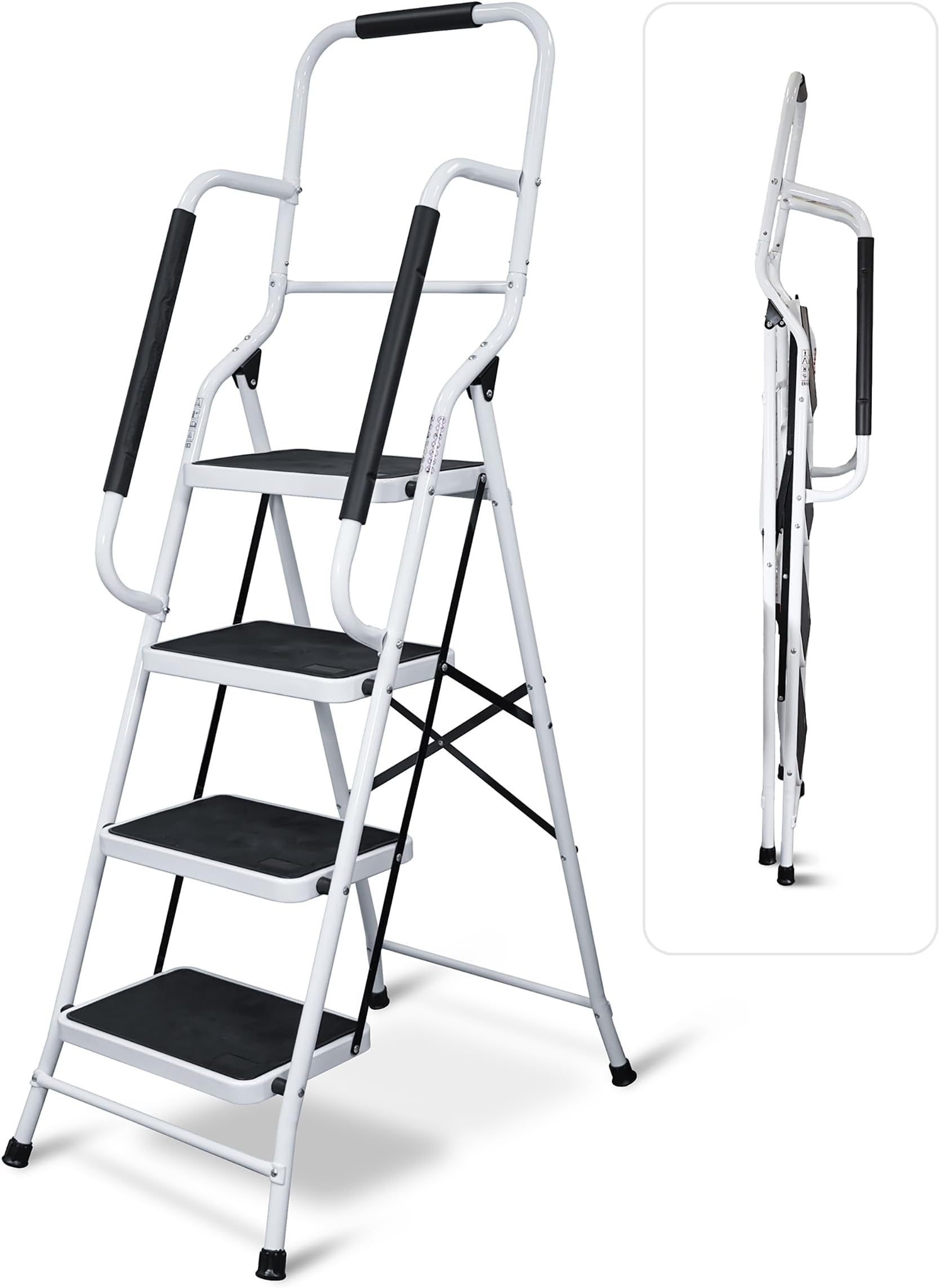 Aidapt 4 Stepladder with Dual Handrails, Folding, Space Saver, Extra Wide Rubber Treads, Non-Slip Rubber Feet, Durable Steel, for Home DIY, Gardening, Workplace, Kitchen Step Stool,