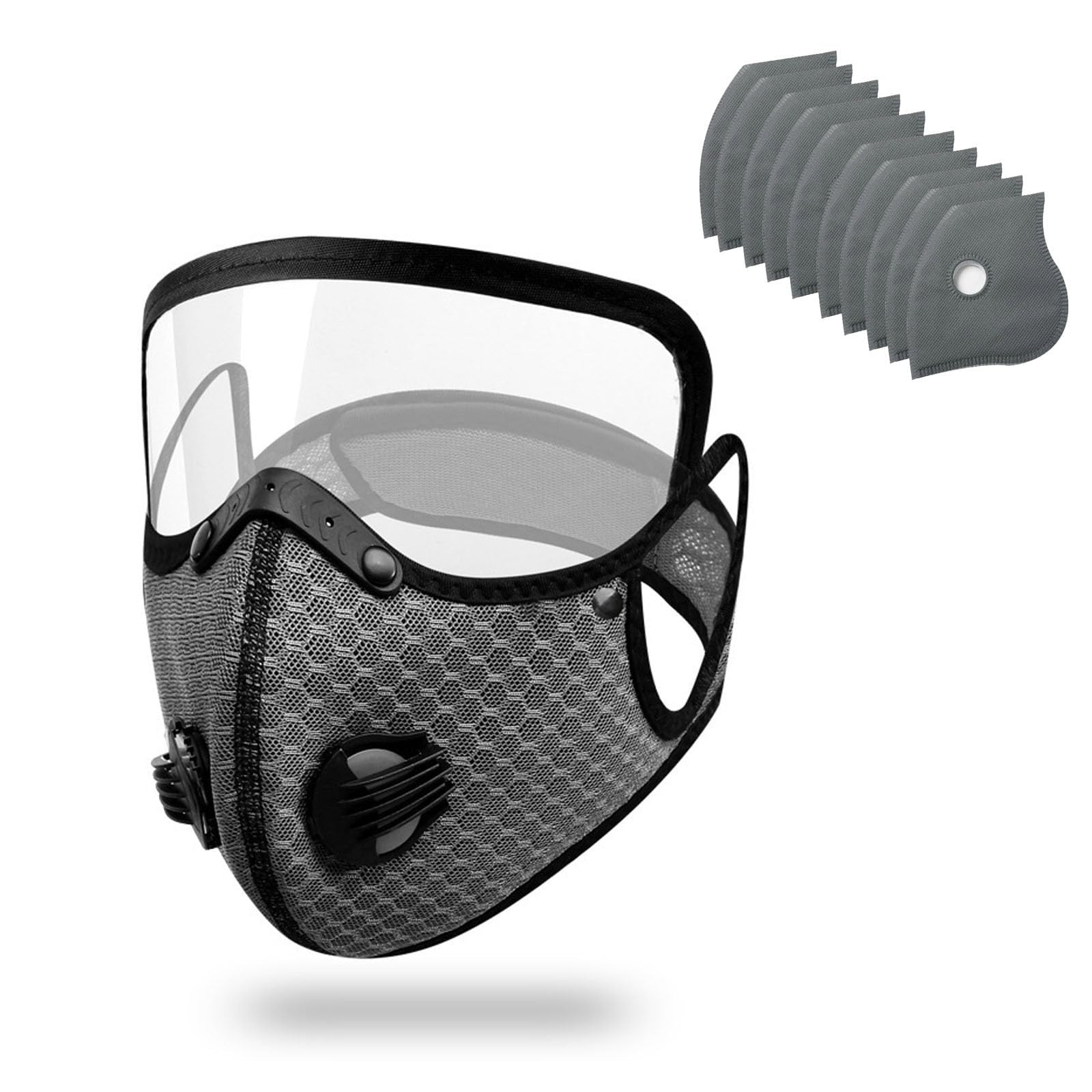 JORCEDI Reusable Carbon Filter Dust Mask with Eye Protection Breathable Safety Face Mask with 10 Replaceable Filters for Woodworking Mowing Sanding Grinding and DIY Projects (Gray)