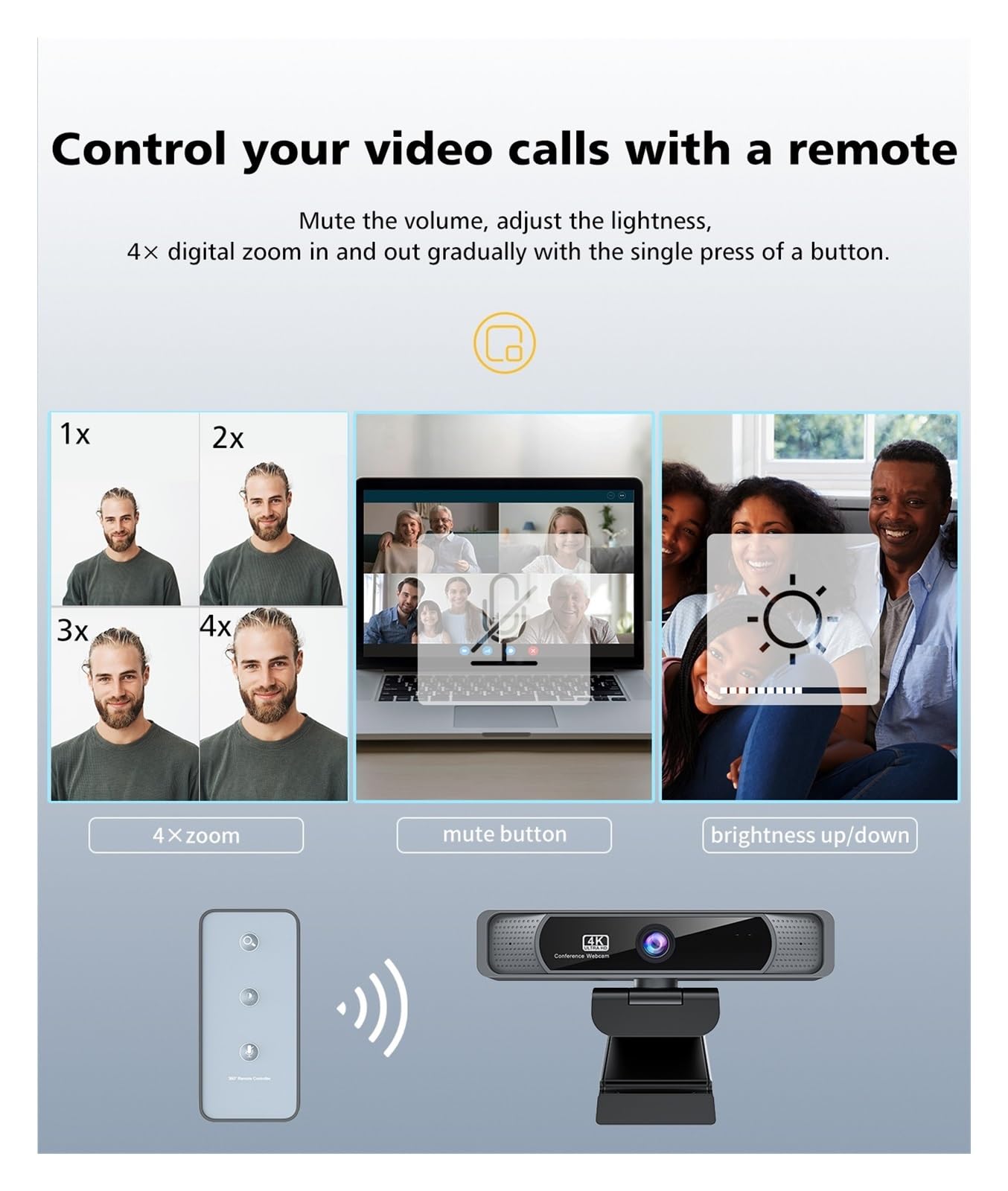 Cámara Web, Webcam HD 4K Webcam 120 ° Gran angular Webcam con micrófono y control remoto Streaming Web Camera for PC Conferencin
